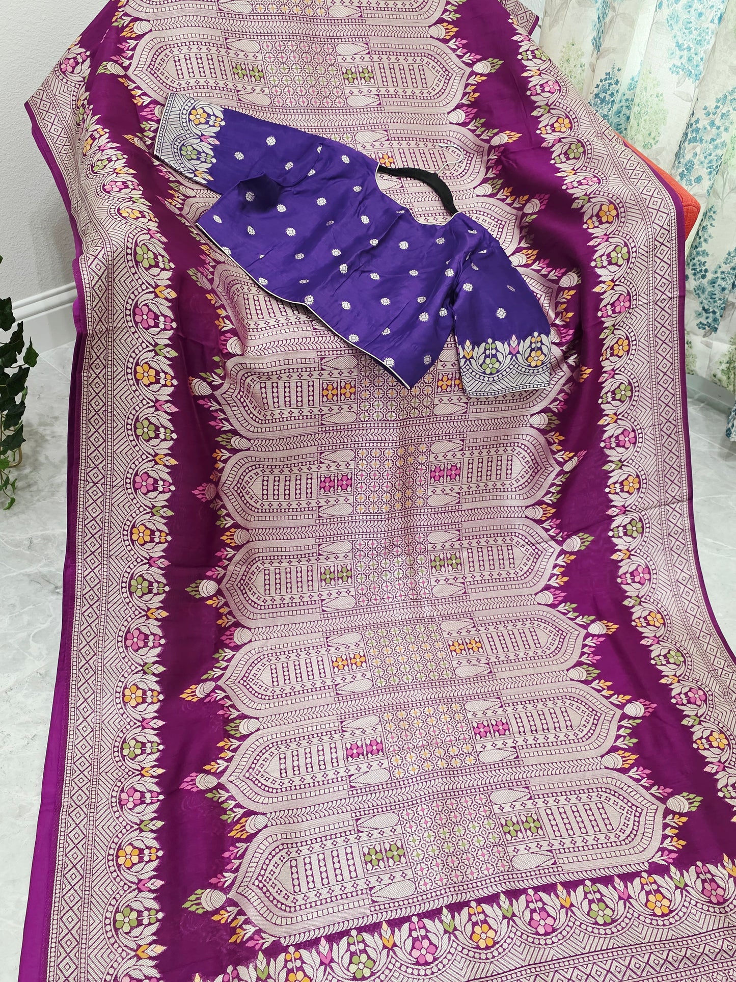 Royal Plum Purple Chanderi Linen Tussar Saree with Stitched Blouse