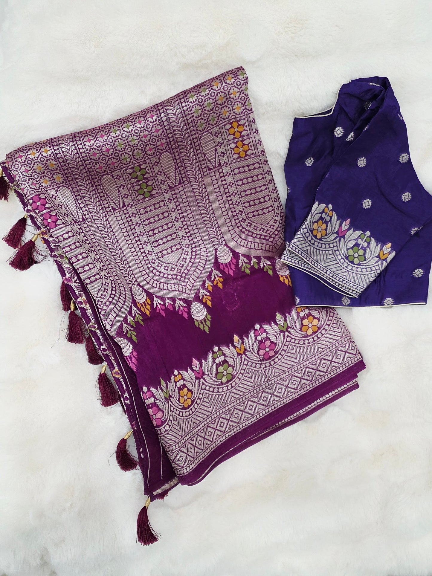 Royal Plum Purple Chanderi Linen Tussar Saree with Stitched Blouse