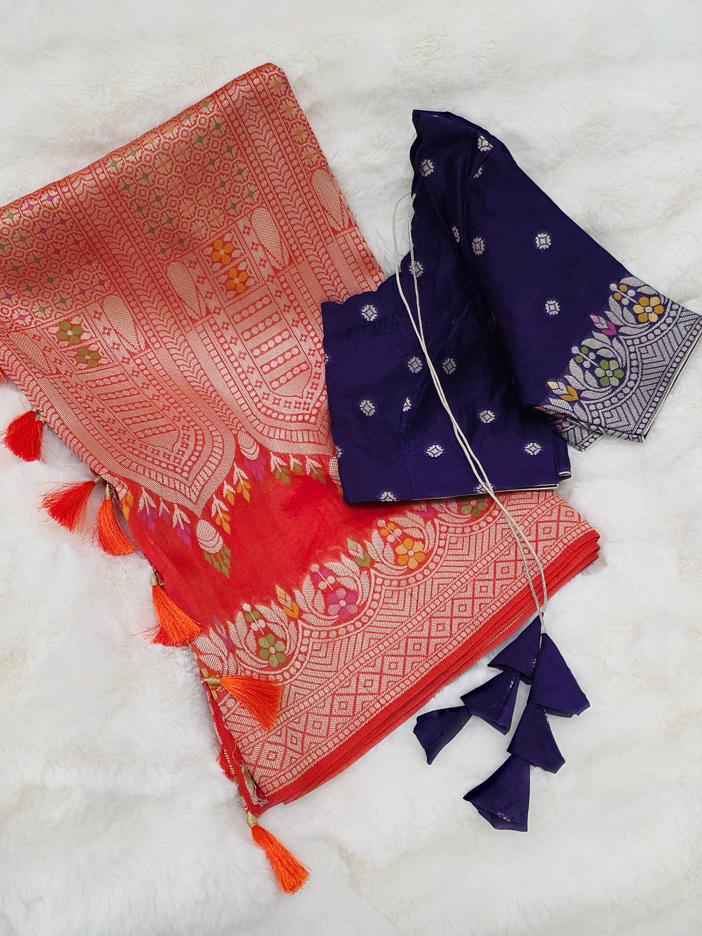 Saffron Orange & Royal Purple Chanderi Linen Tussar Saree with Stitched Blouse