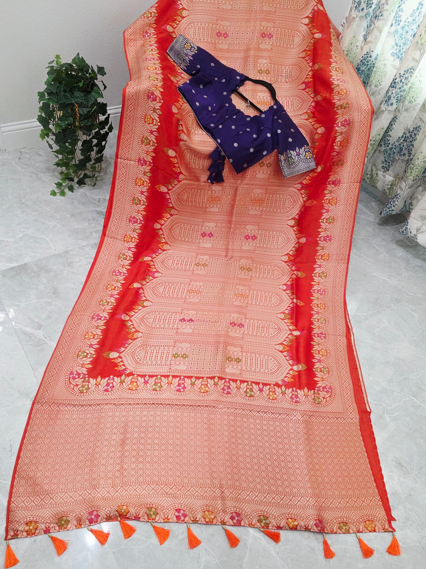 Saffron Orange & Royal Purple Chanderi Linen Tussar Saree with Stitched Blouse