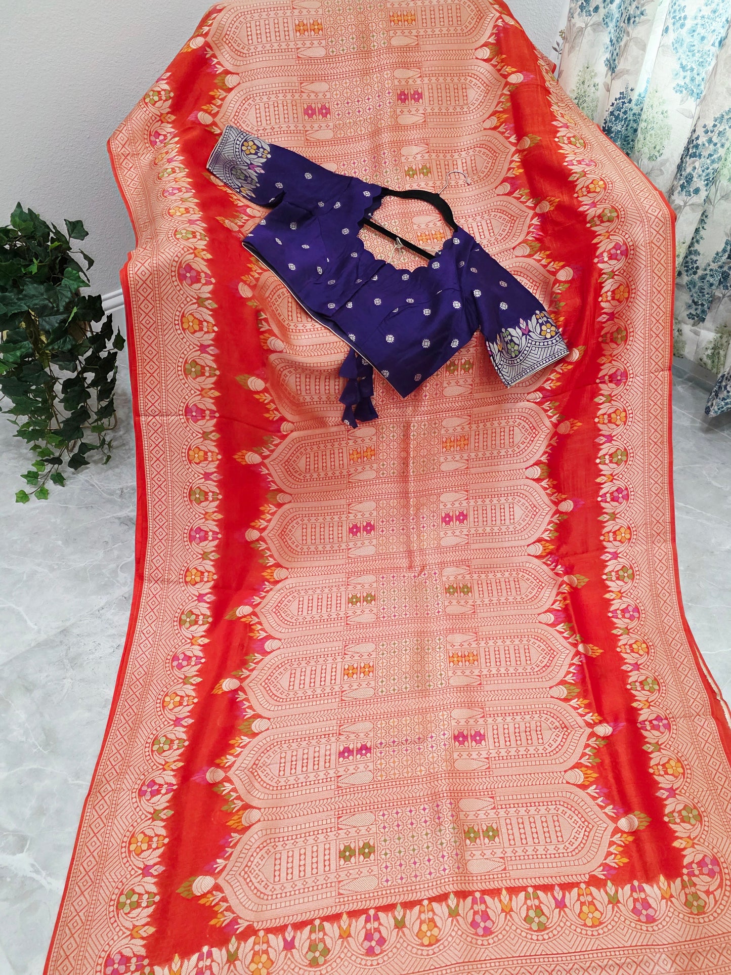 Saffron Orange & Royal Purple Chanderi Linen Tussar Saree with Stitched Blouse