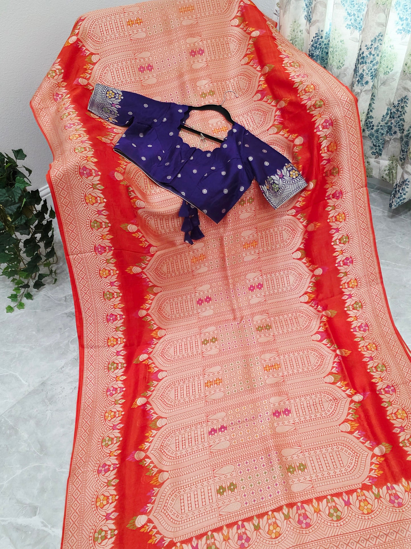 Saffron Orange & Royal Purple Chanderi Linen Tussar Saree with Stitched Blouse