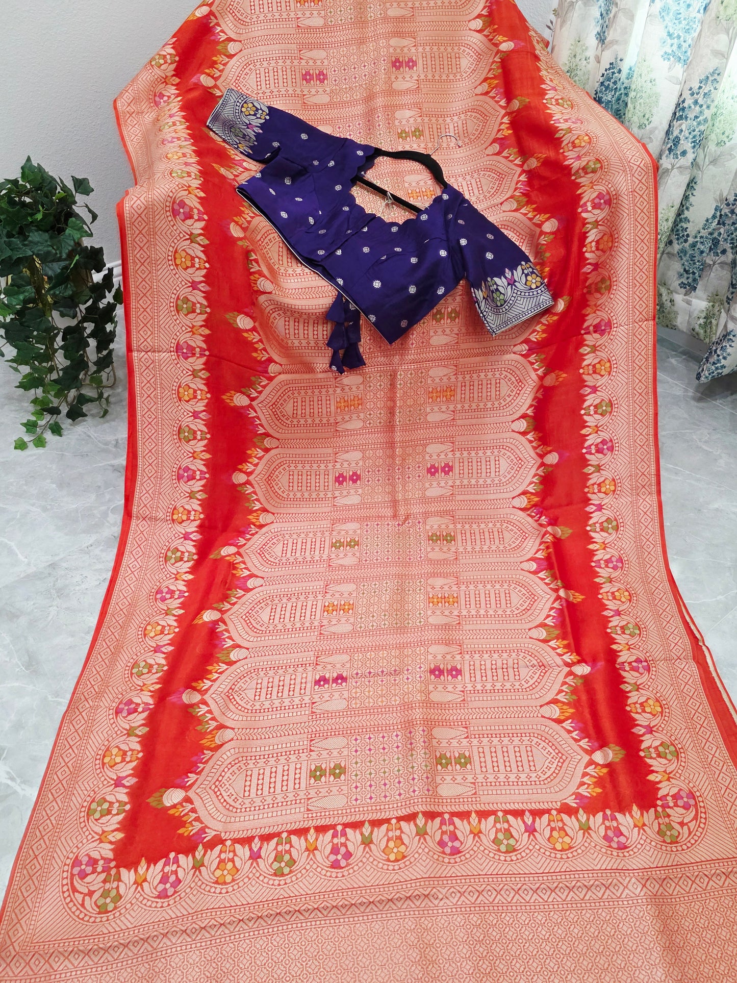 Saffron Orange & Royal Purple Chanderi Linen Tussar Saree with Stitched Blouse