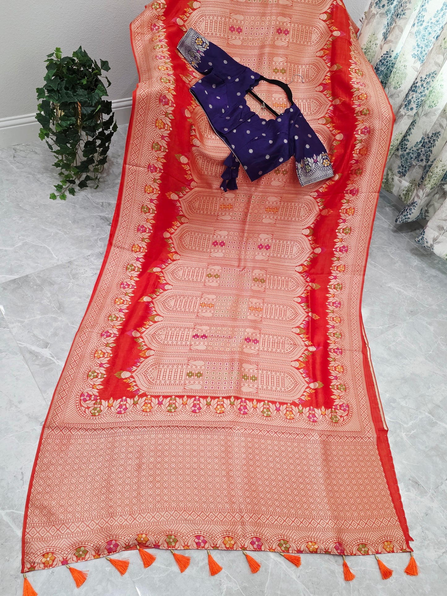 Saffron Orange & Royal Purple Chanderi Linen Tussar Saree with Stitched Blouse