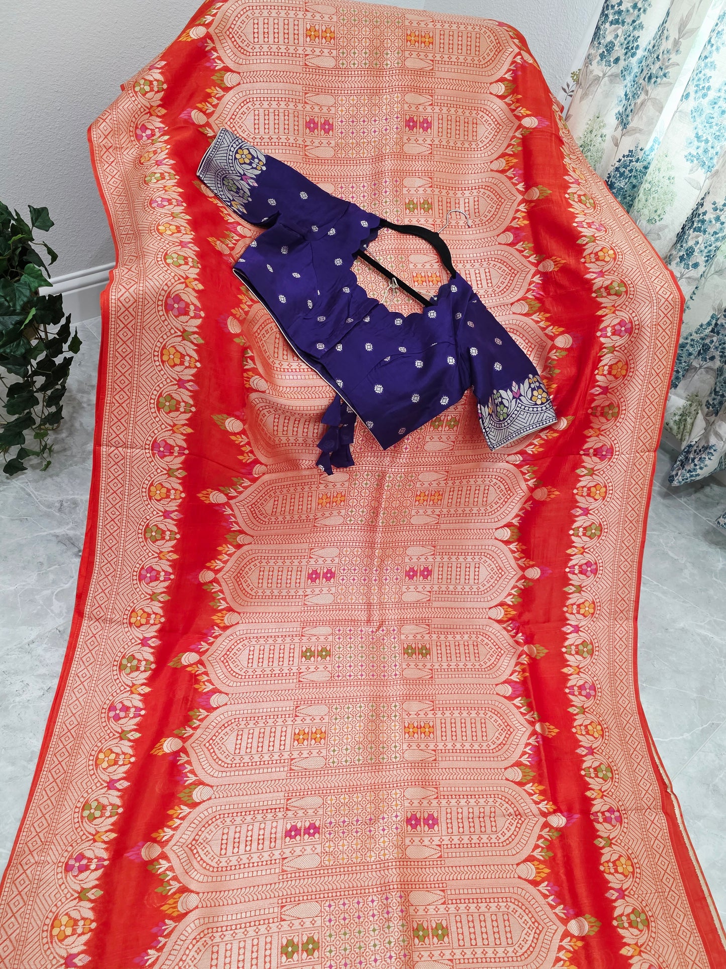 Saffron Orange & Royal Purple Chanderi Linen Tussar Saree with Stitched Blouse
