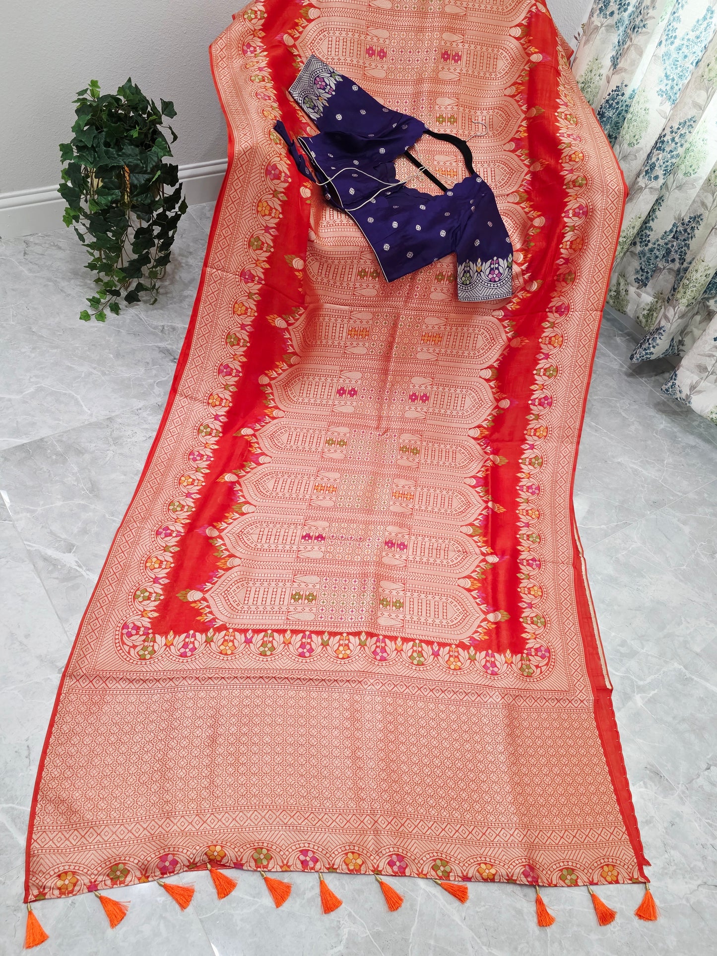Saffron Orange & Royal Purple Chanderi Linen Tussar Saree with Stitched Blouse