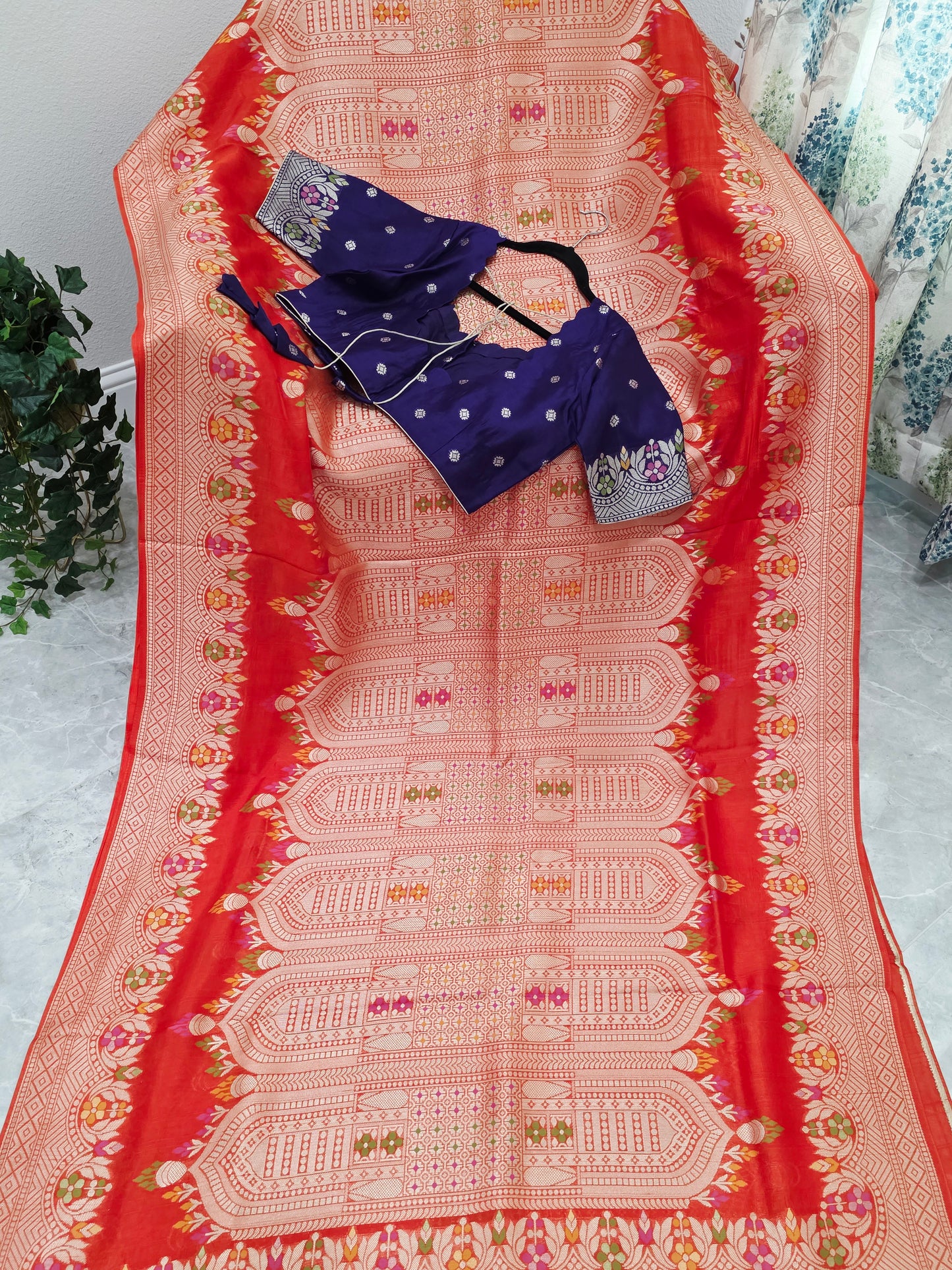 Saffron Orange & Royal Purple Chanderi Linen Tussar Saree with Stitched Blouse