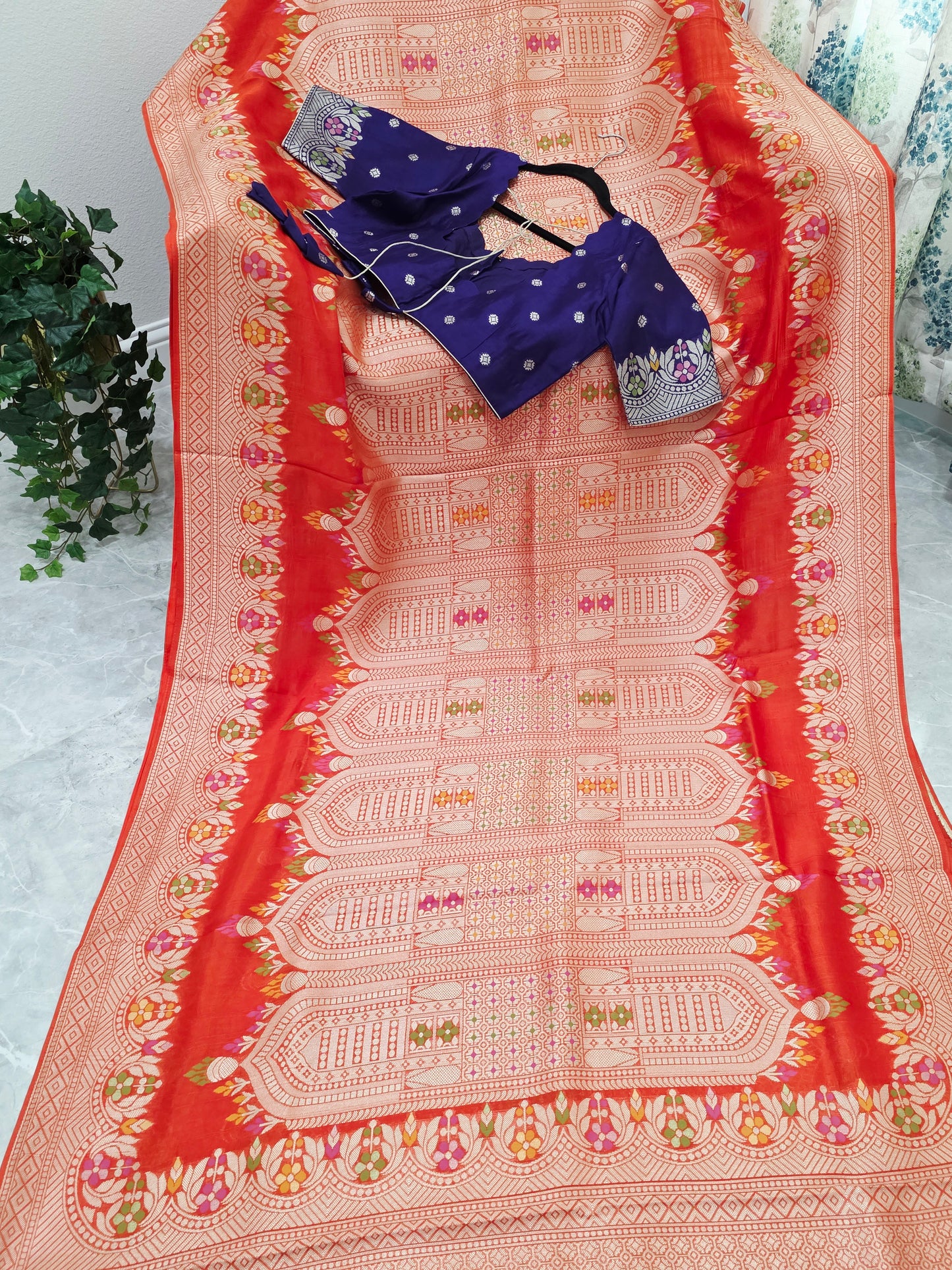 Saffron Orange & Royal Purple Chanderi Linen Tussar Saree with Stitched Blouse