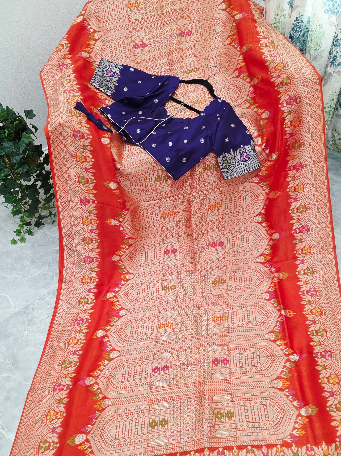 Saffron Orange & Royal Purple Chanderi Linen Tussar Saree with Stitched Blouse