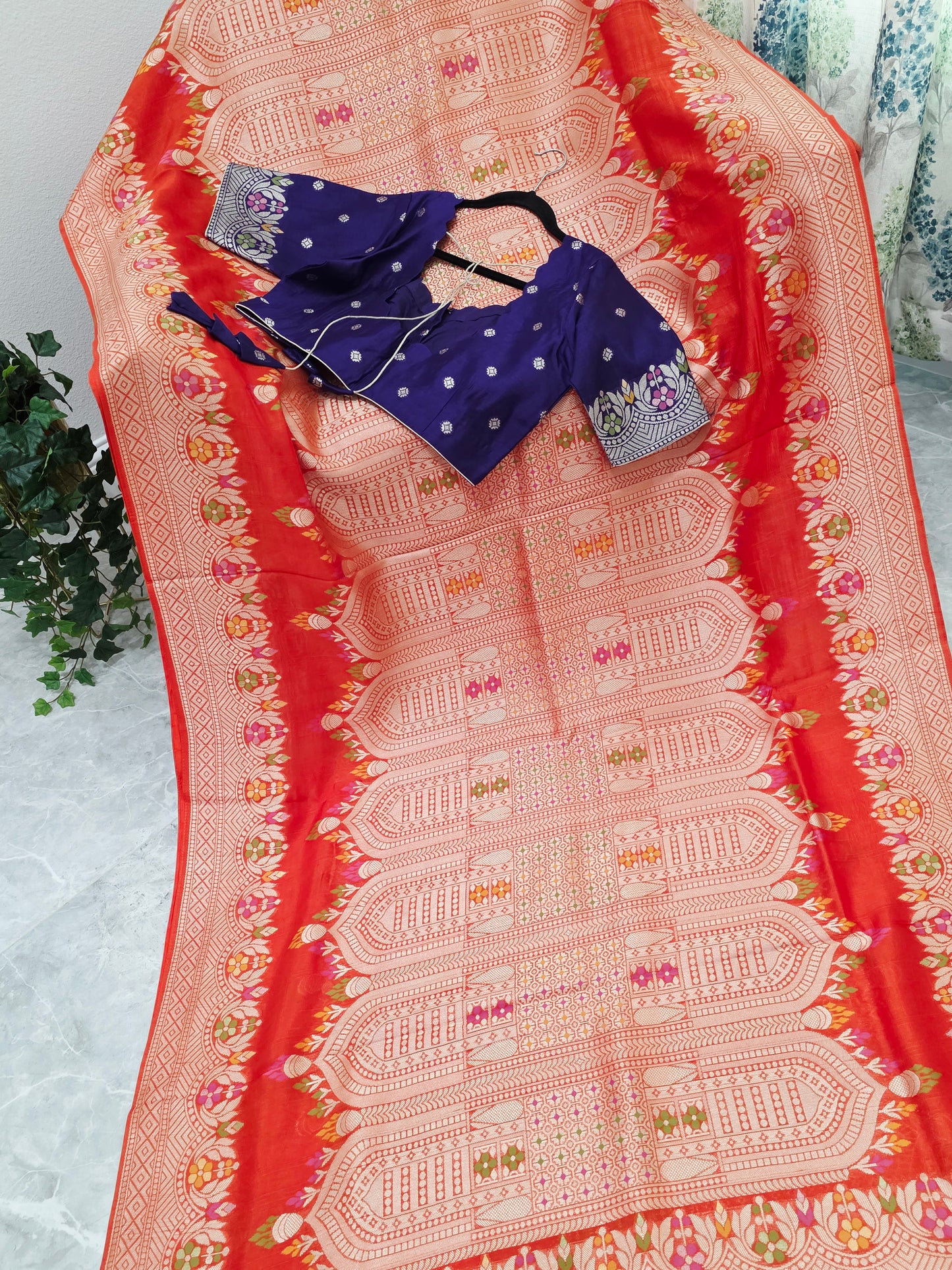 Saffron Orange & Royal Purple Chanderi Linen Tussar Saree with Stitched Blouse