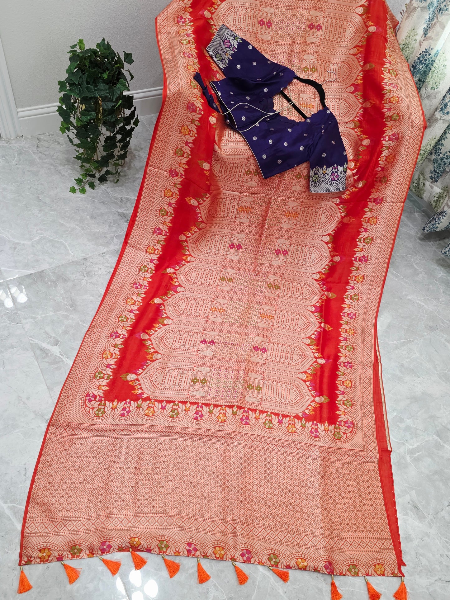 Saffron Orange & Royal Purple Chanderi Linen Tussar Saree with Stitched Blouse