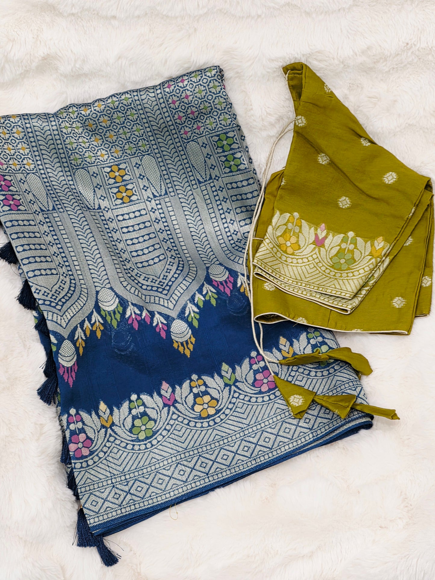 Royal Peacock Blue Chanderi Linen Tussar Saree with Olive Gold Stitched Blouse