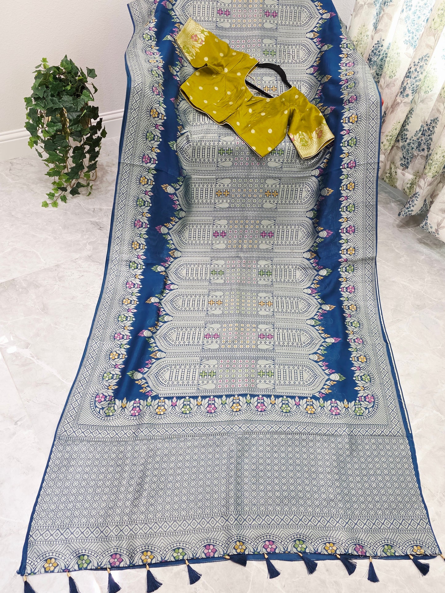 Royal Peacock Blue Chanderi Linen Tussar Saree with Olive Gold Stitched Blouse