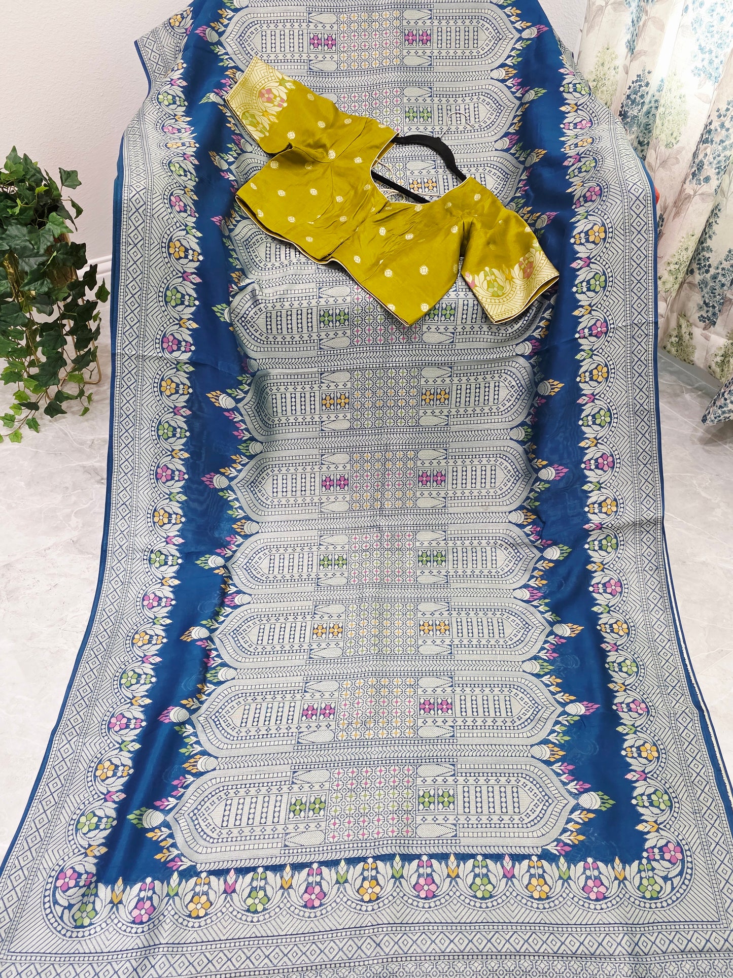 Royal Peacock Blue Chanderi Linen Tussar Saree with Olive Gold Stitched Blouse