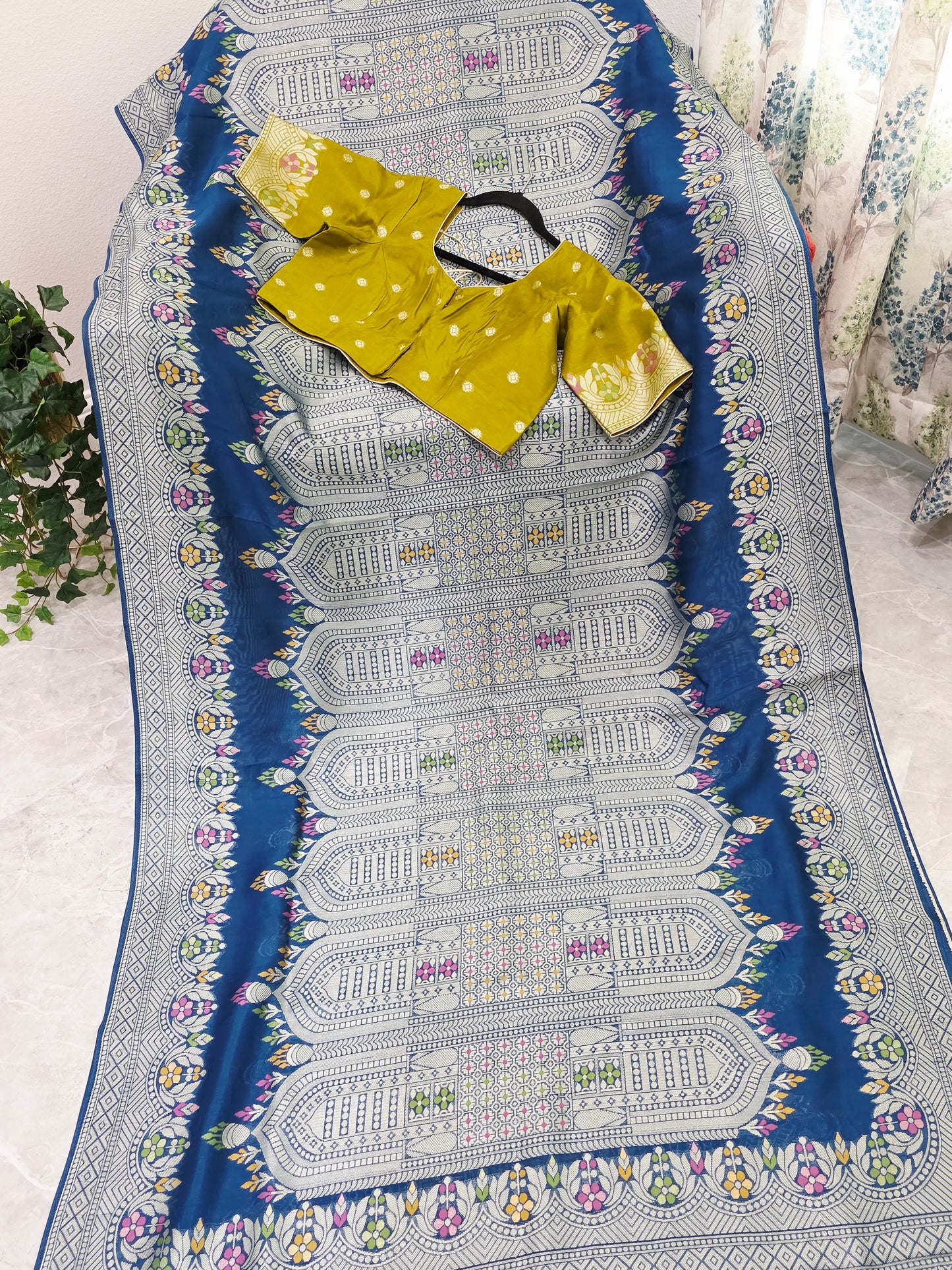 Royal Peacock Blue Chanderi Linen Tussar Saree with Olive Gold Stitched Blouse