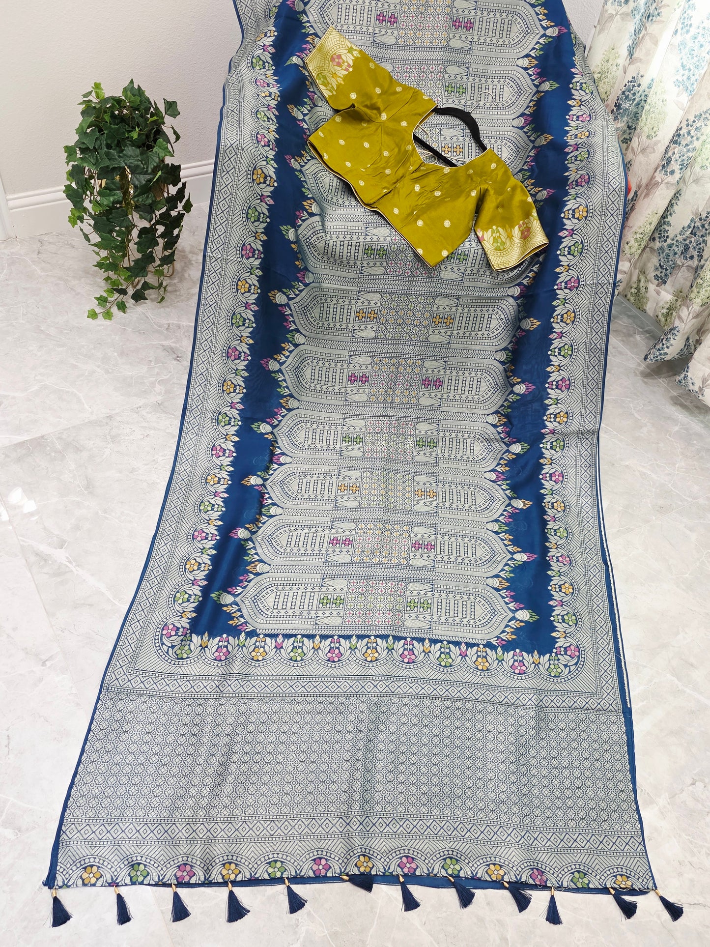 Royal Peacock Blue Chanderi Linen Tussar Saree with Olive Gold Stitched Blouse
