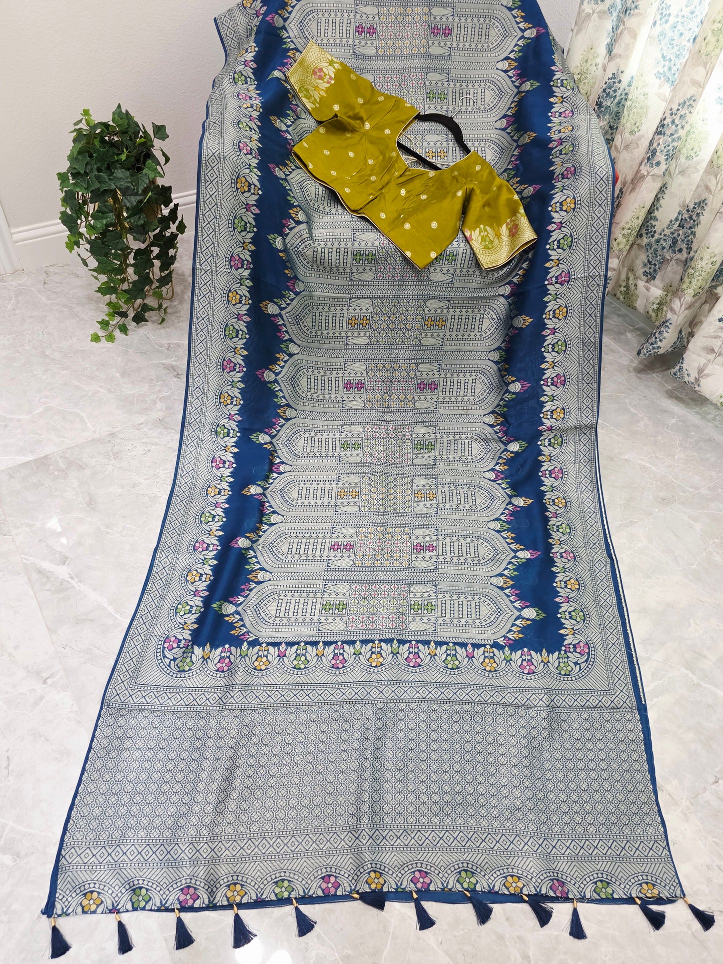 Royal Peacock Blue Chanderi Linen Tussar Saree with Olive Gold Stitched Blouse