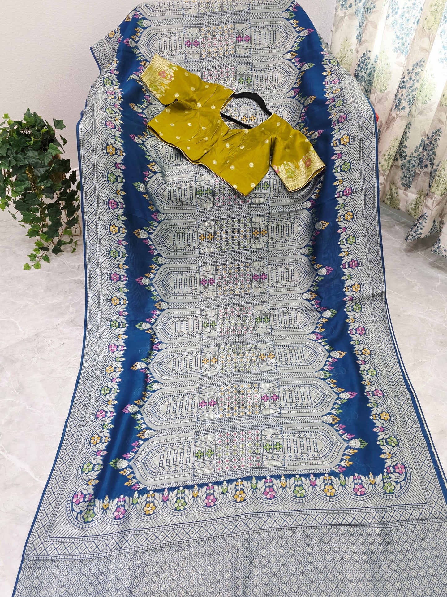 Royal Peacock Blue Chanderi Linen Tussar Saree with Olive Gold Stitched Blouse