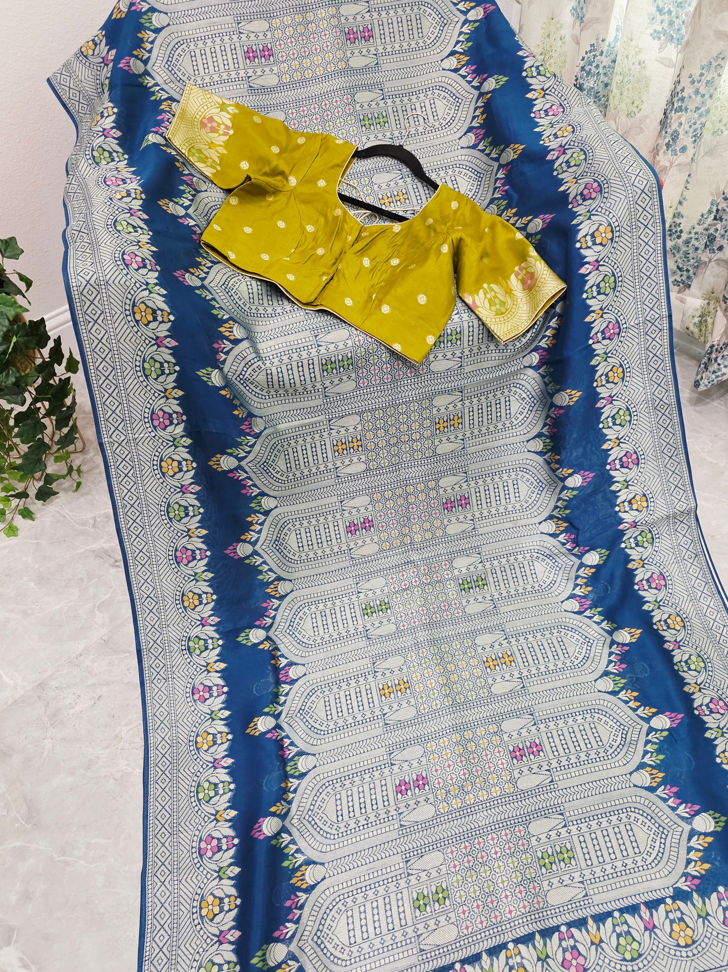 Royal Peacock Blue Chanderi Linen Tussar Saree with Olive Gold Stitched Blouse
