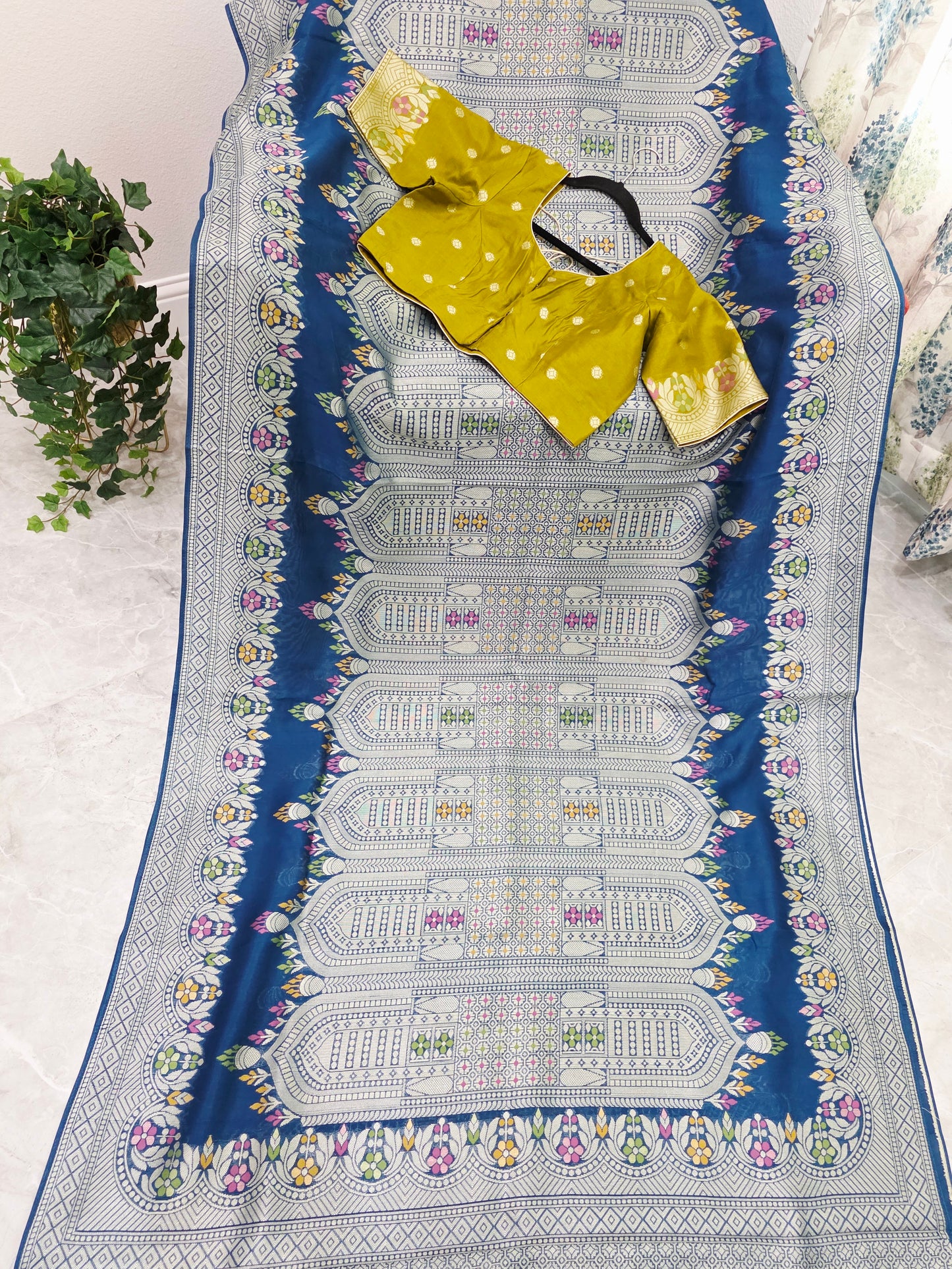 Royal Peacock Blue Chanderi Linen Tussar Saree with Olive Gold Stitched Blouse