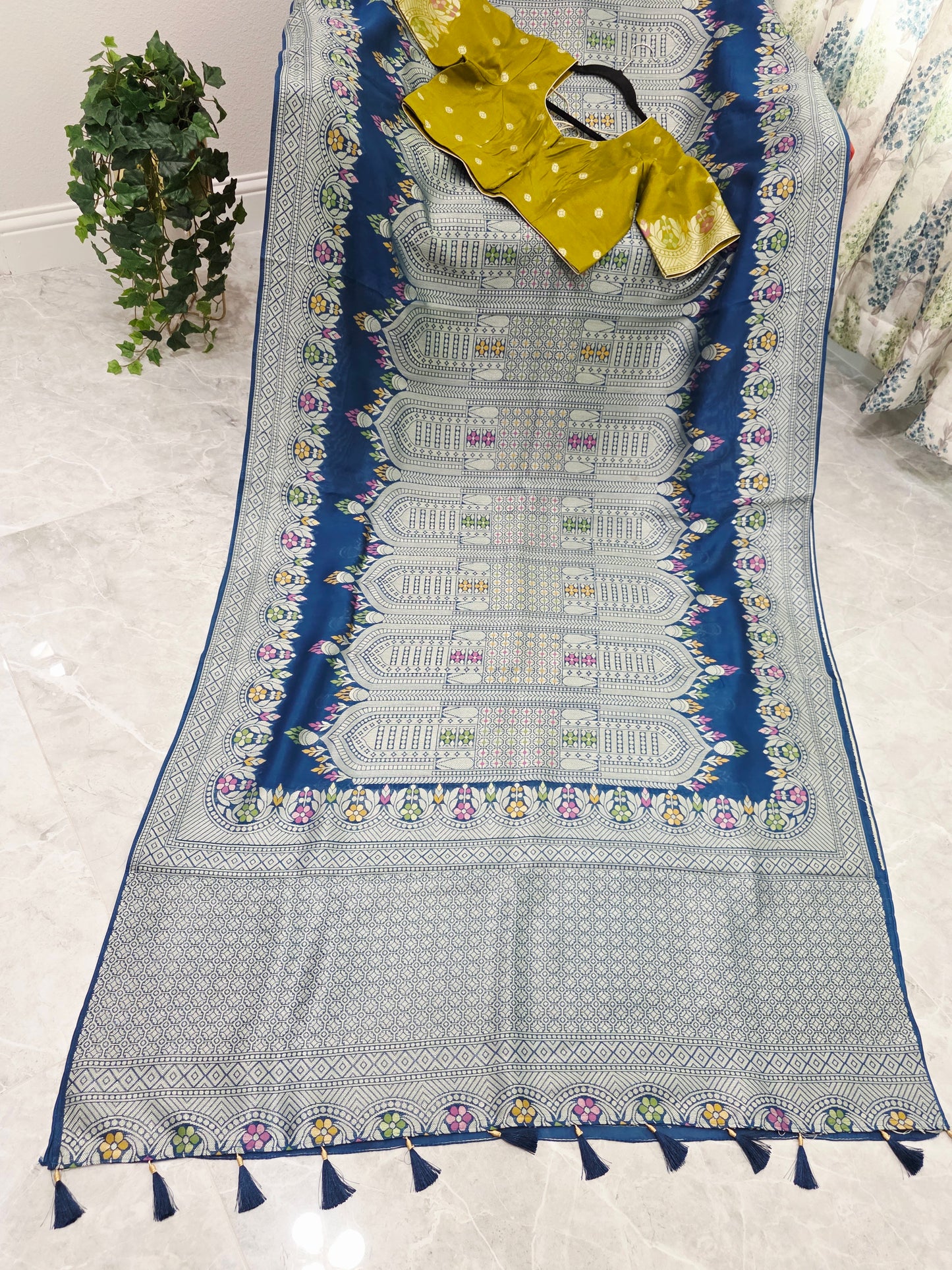 Royal Peacock Blue Chanderi Linen Tussar Saree with Olive Gold Stitched Blouse