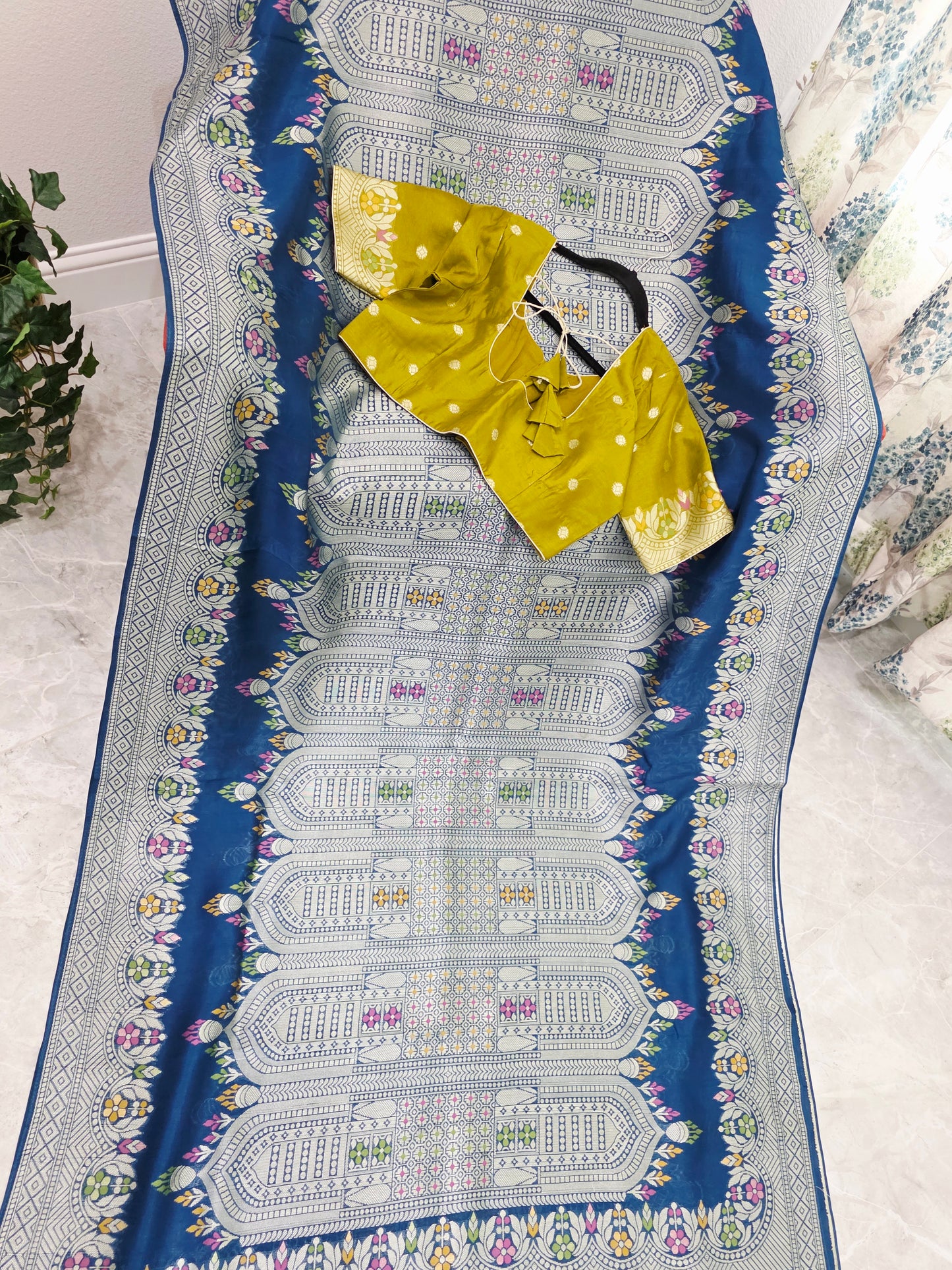 Royal Peacock Blue Chanderi Linen Tussar Saree with Olive Gold Stitched Blouse