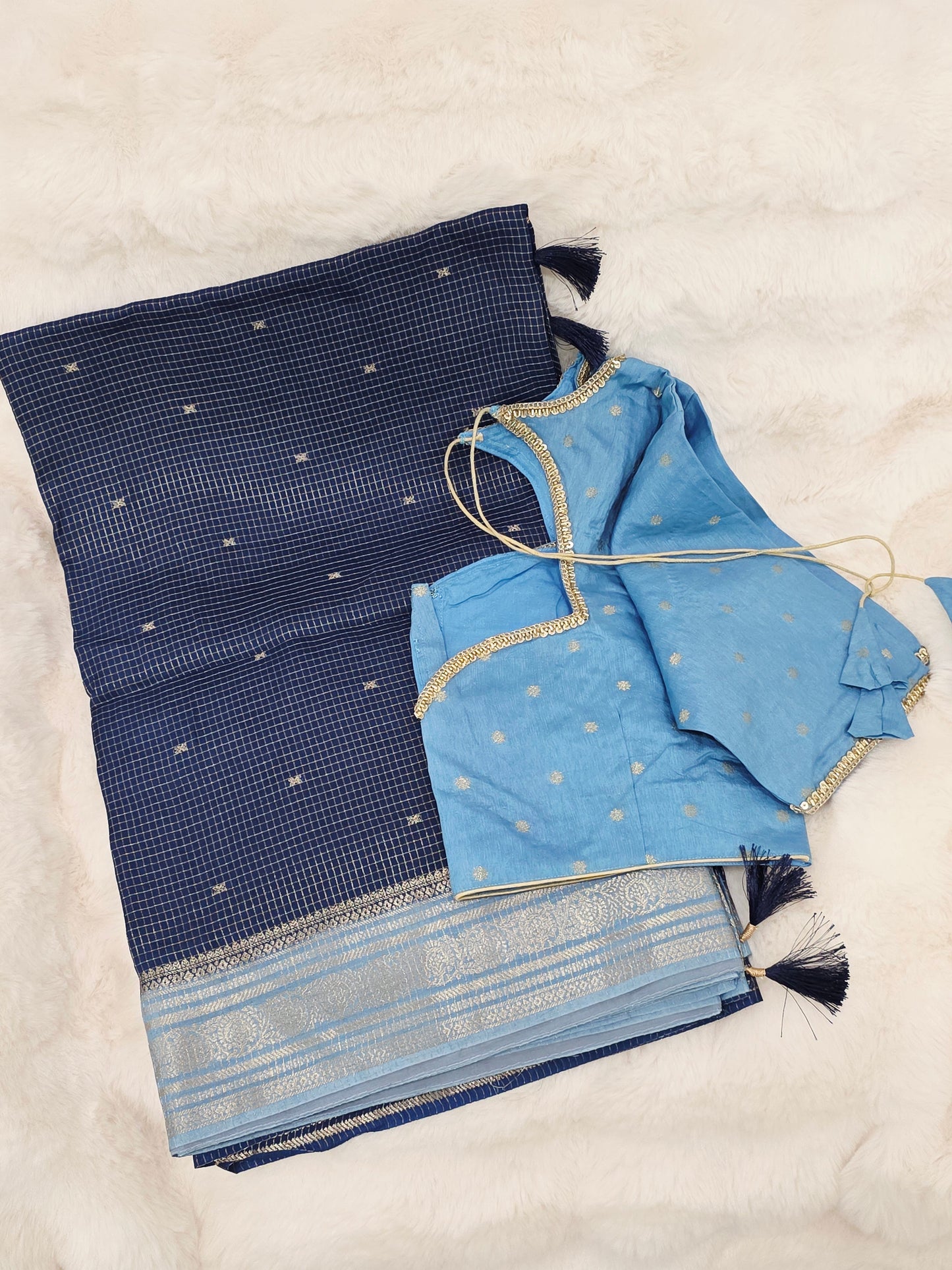 Midnight Navy & Powder Blue Vintage Russian Dola Crepe Silk Saree with Stitched Blouse