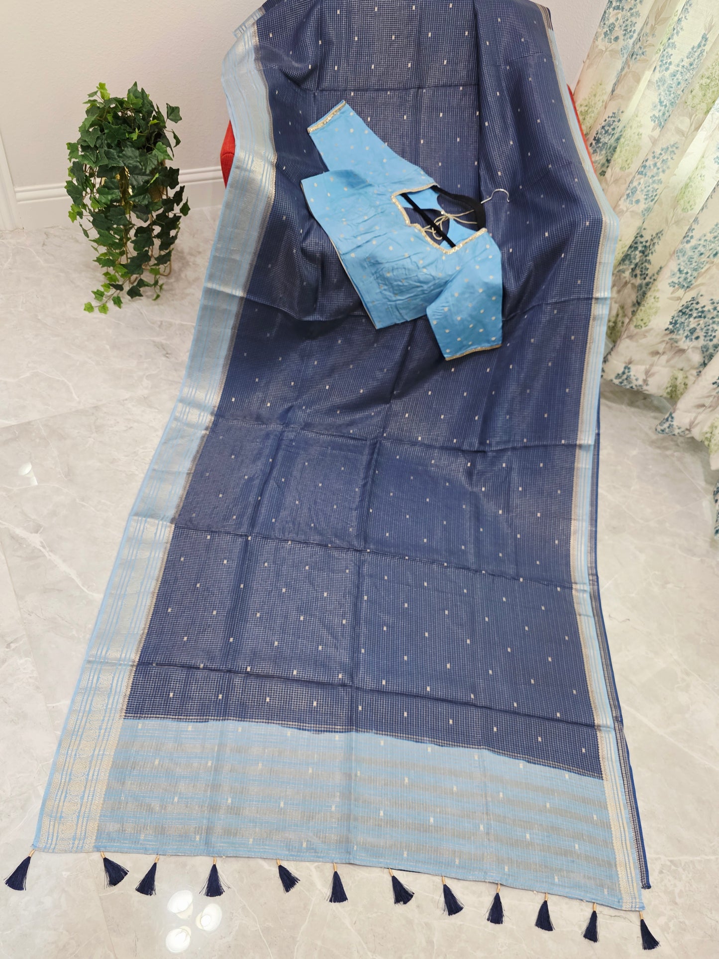 Midnight Navy & Powder Blue Vintage Russian Dola Crepe Silk Saree with Stitched Blouse
