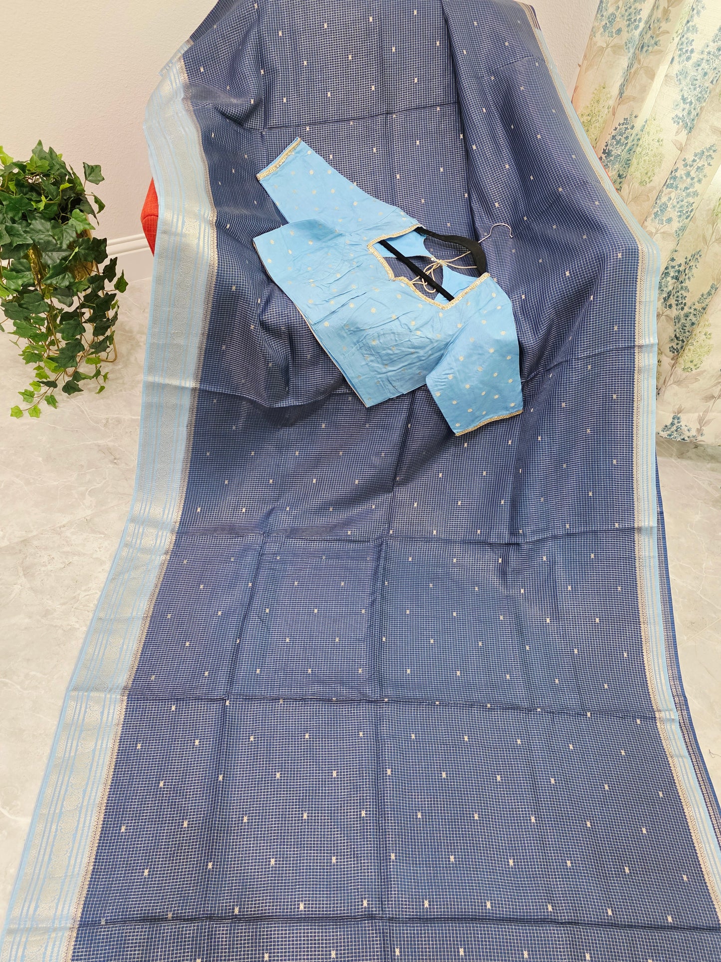 Midnight Navy & Powder Blue Vintage Russian Dola Crepe Silk Saree with Stitched Blouse