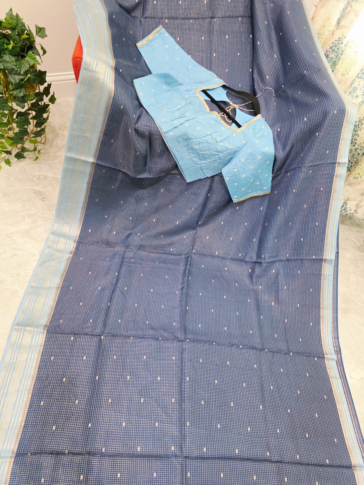Midnight Navy & Powder Blue Vintage Russian Dola Crepe Silk Saree with Stitched Blouse
