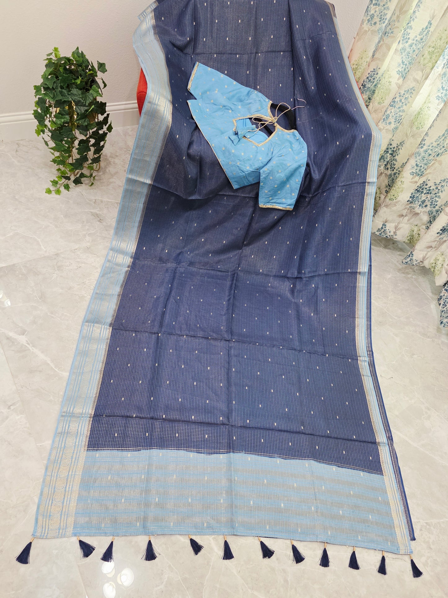Midnight Navy & Powder Blue Vintage Russian Dola Crepe Silk Saree with Stitched Blouse