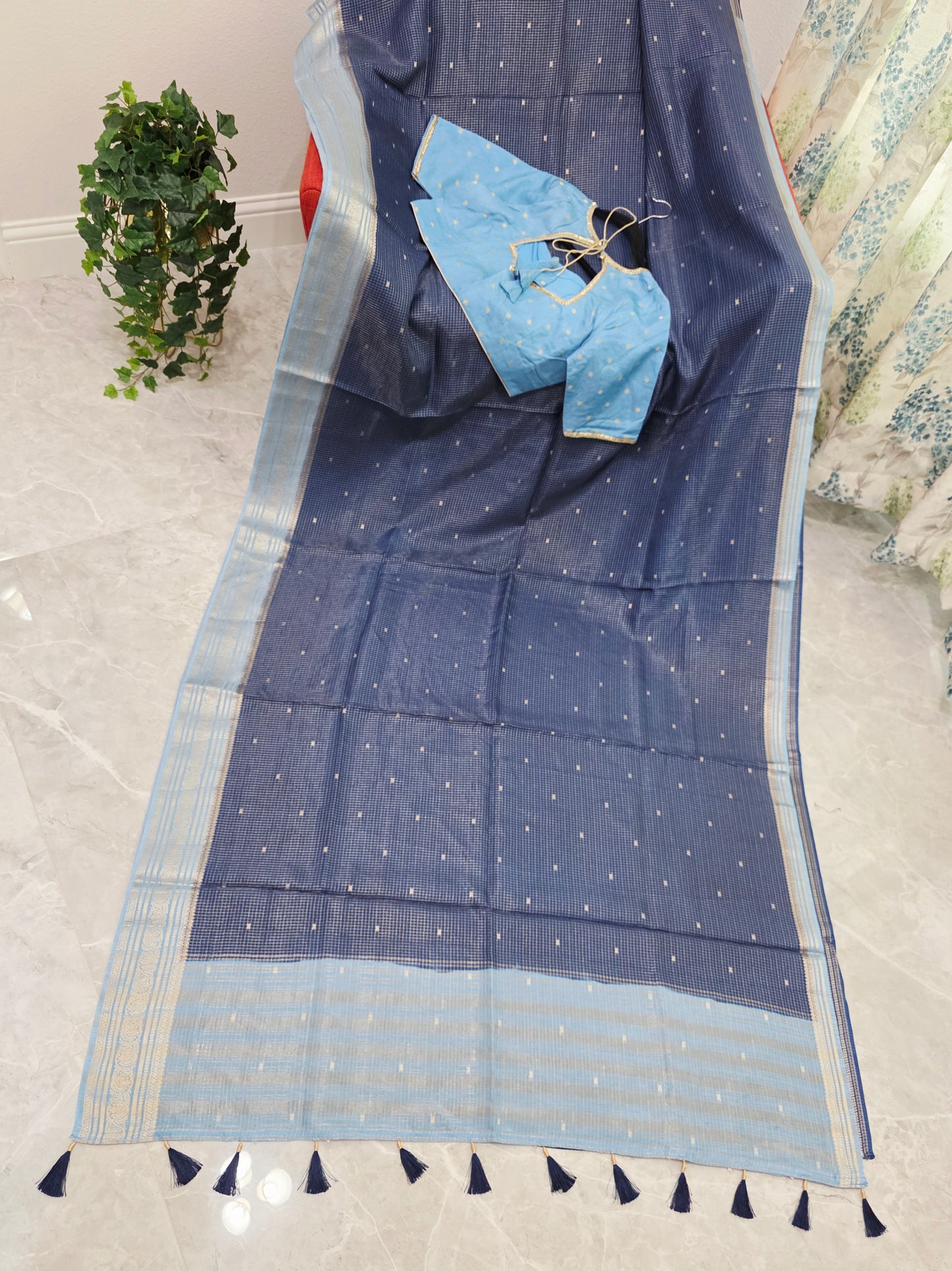 Midnight Navy & Powder Blue Vintage Russian Dola Crepe Silk Saree with Stitched Blouse
