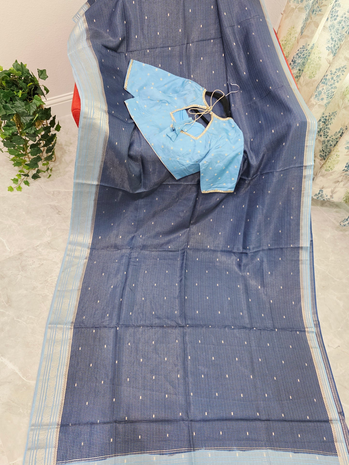 Midnight Navy & Powder Blue Vintage Russian Dola Crepe Silk Saree with Stitched Blouse