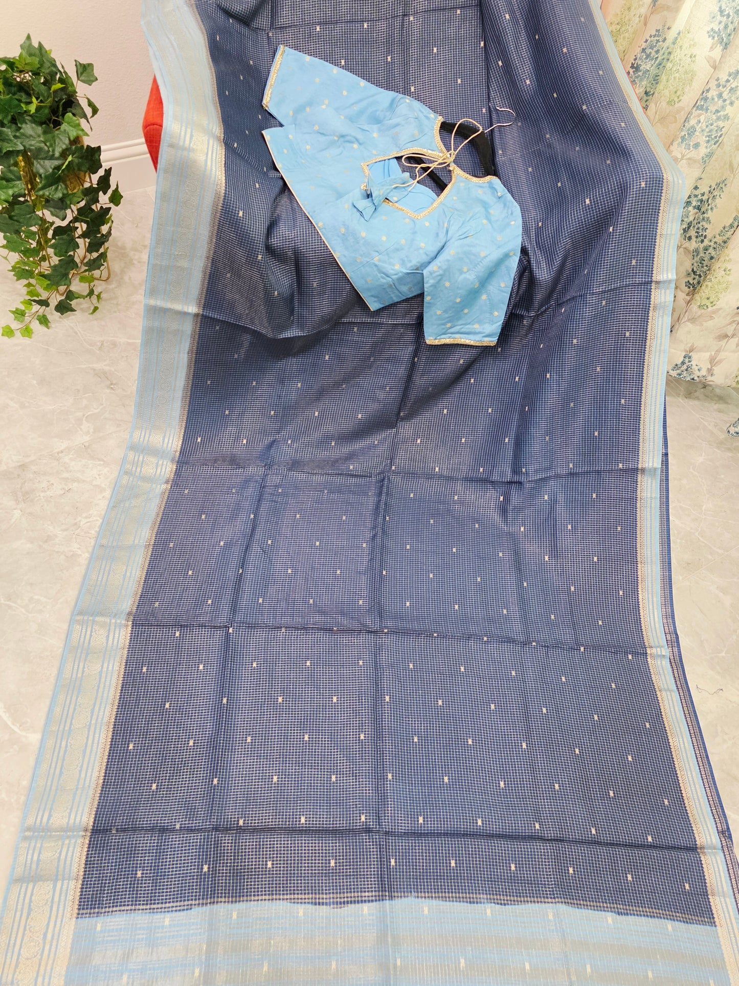 Midnight Navy & Powder Blue Vintage Russian Dola Crepe Silk Saree with Stitched Blouse