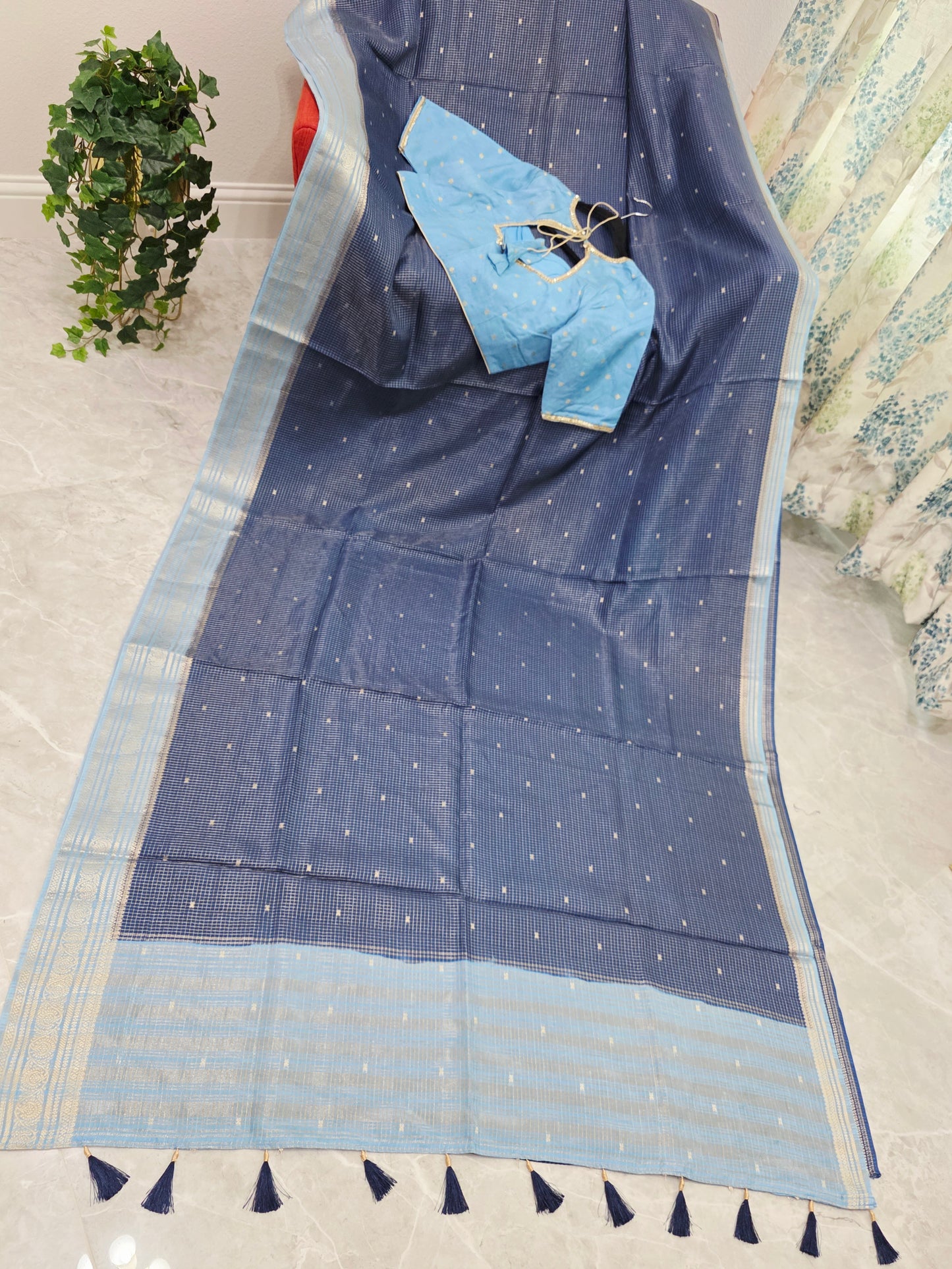 Midnight Navy & Powder Blue Vintage Russian Dola Crepe Silk Saree with Stitched Blouse