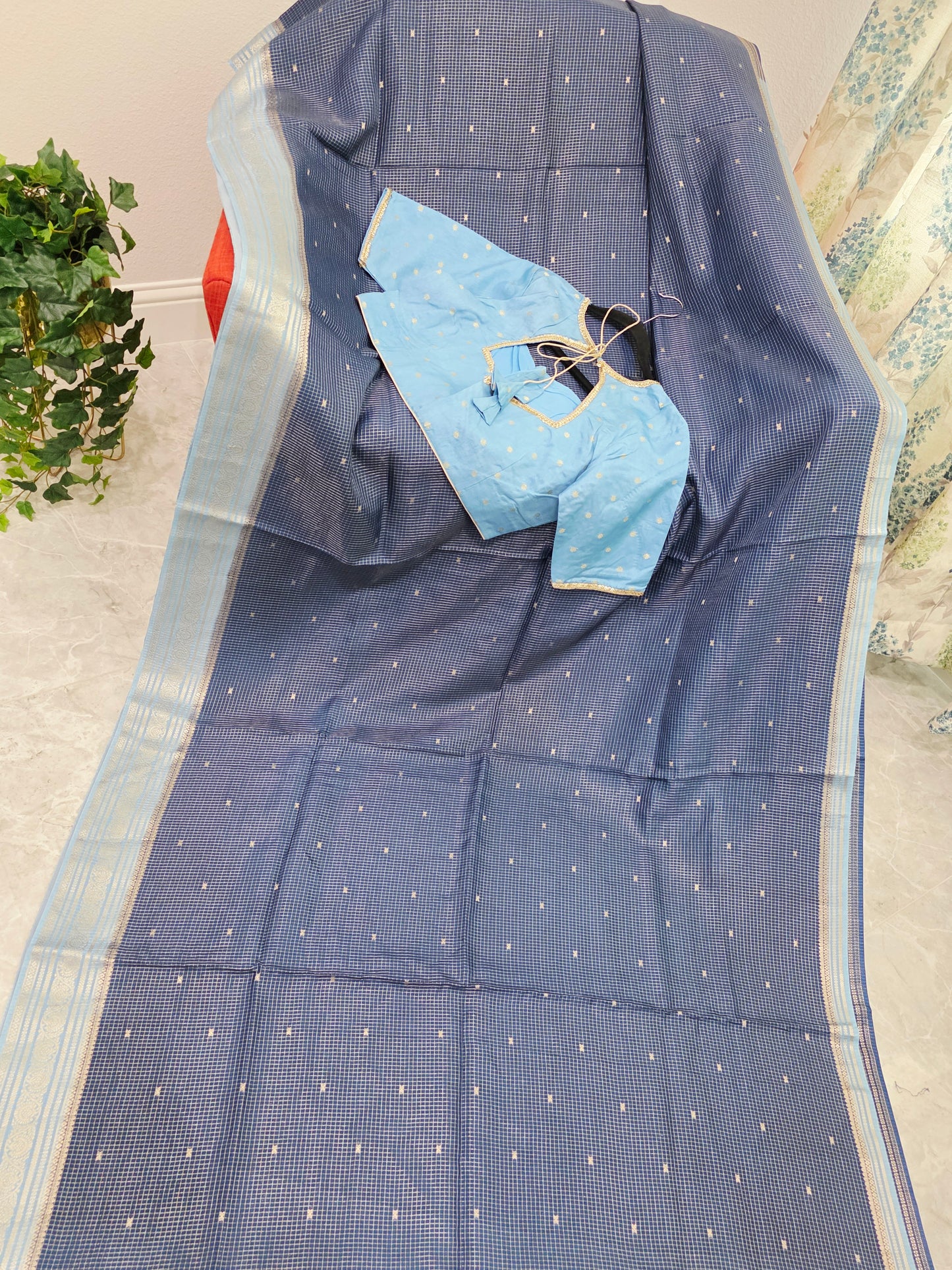 Midnight Navy & Powder Blue Vintage Russian Dola Crepe Silk Saree with Stitched Blouse