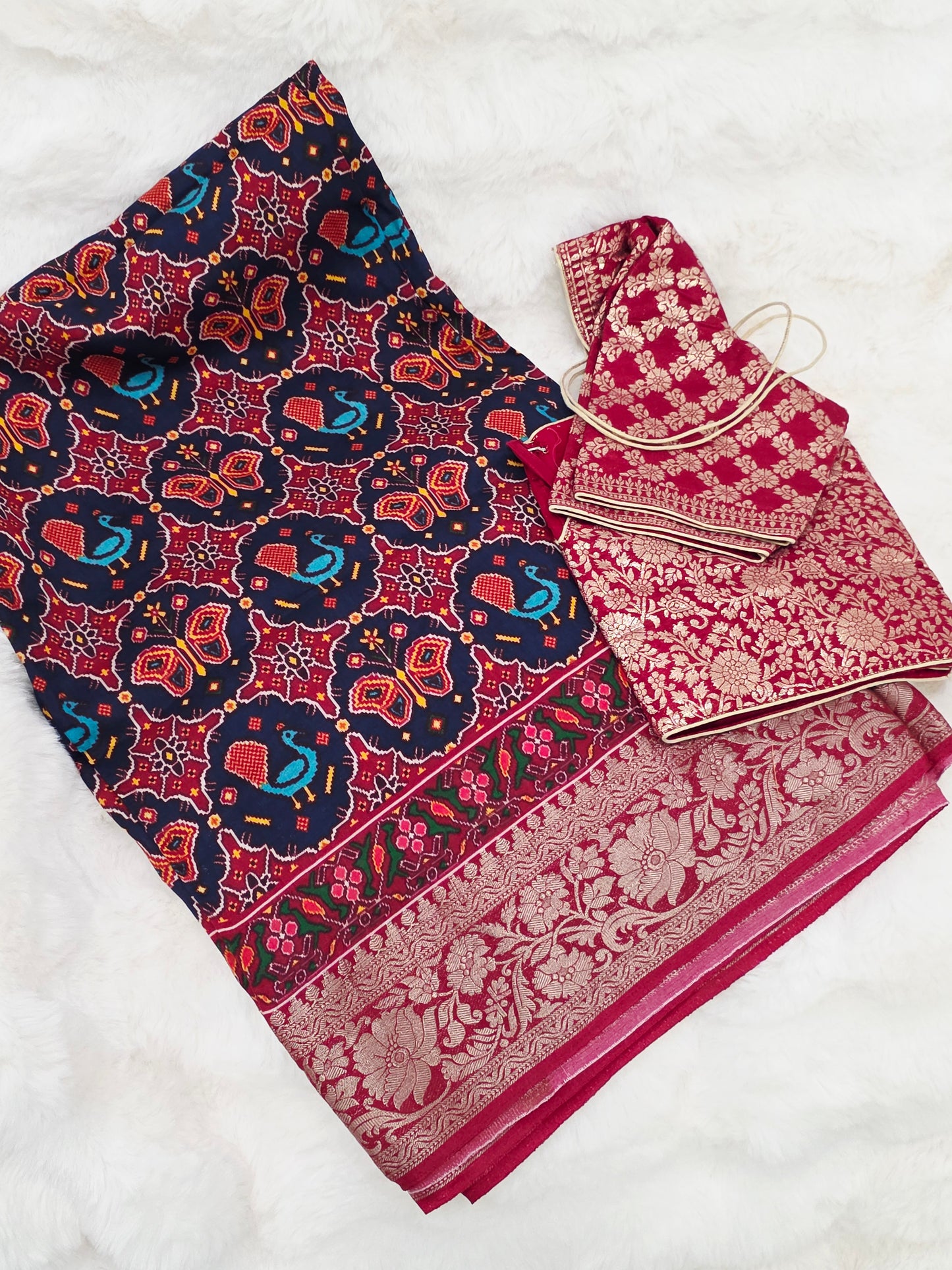 Midnight Navy & Rich Maroon Red Soft Dola Crepe Silk Patola Print Saree with Stitched Blouse