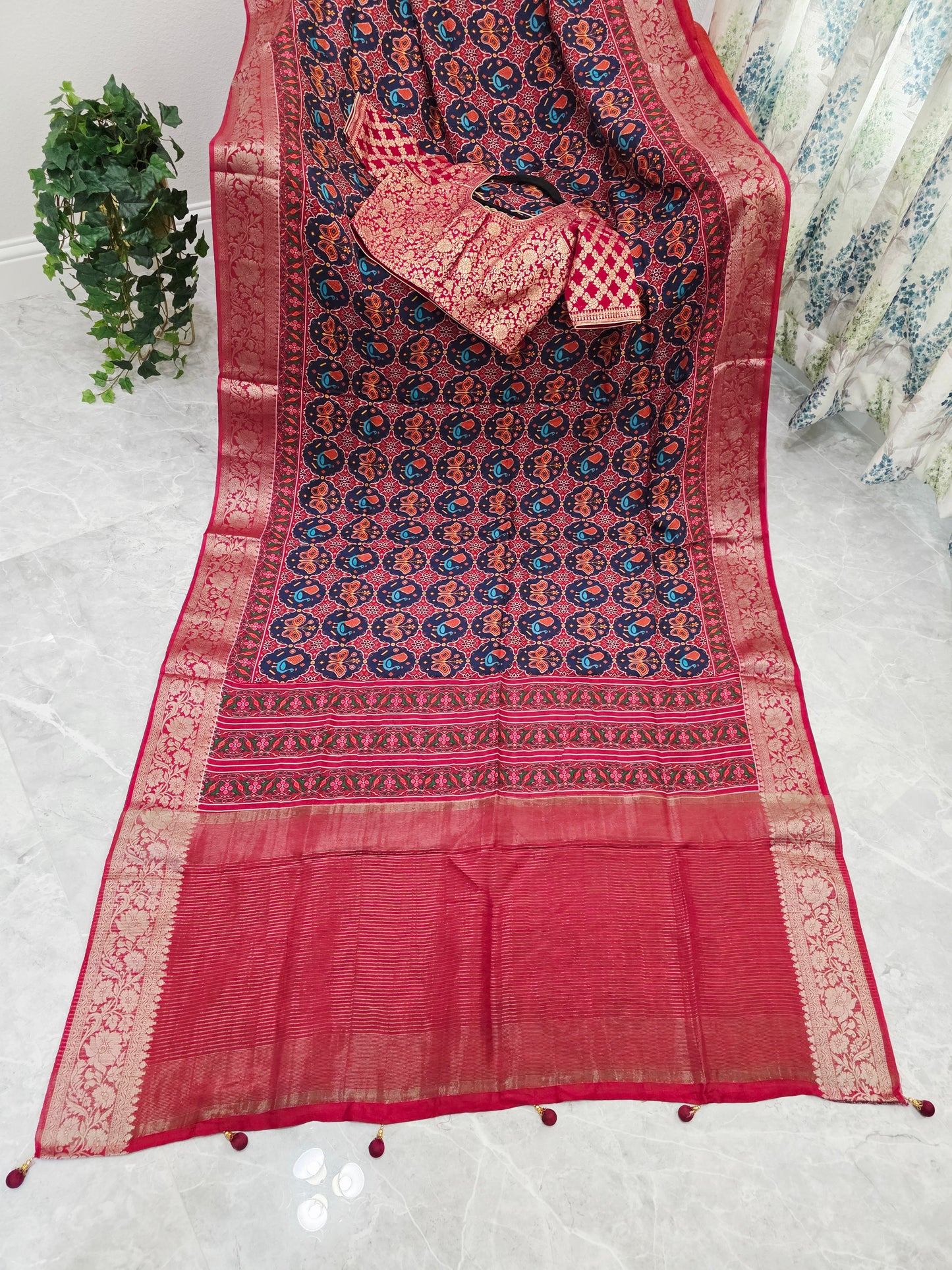Midnight Navy & Rich Maroon Red Soft Dola Crepe Silk Patola Print Saree with Stitched Blouse