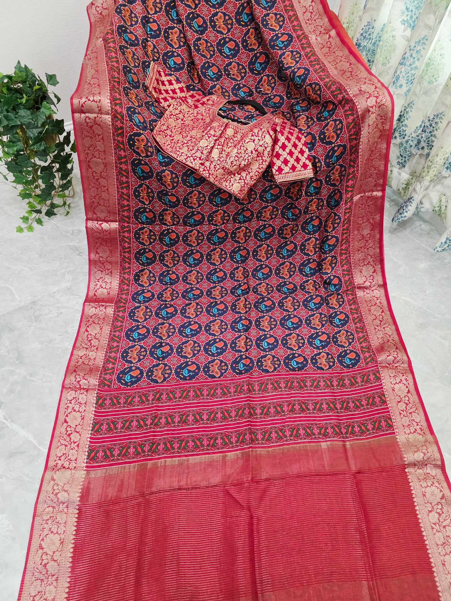 Midnight Navy & Rich Maroon Red Soft Dola Crepe Silk Patola Print Saree with Stitched Blouse