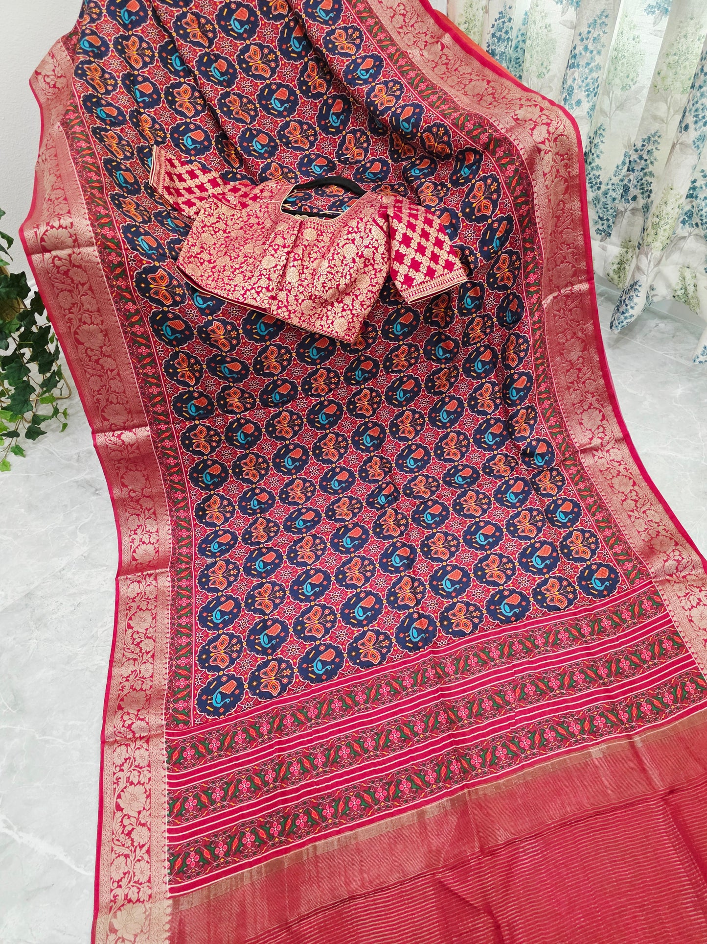 Midnight Navy & Rich Maroon Red Soft Dola Crepe Silk Patola Print Saree with Stitched Blouse