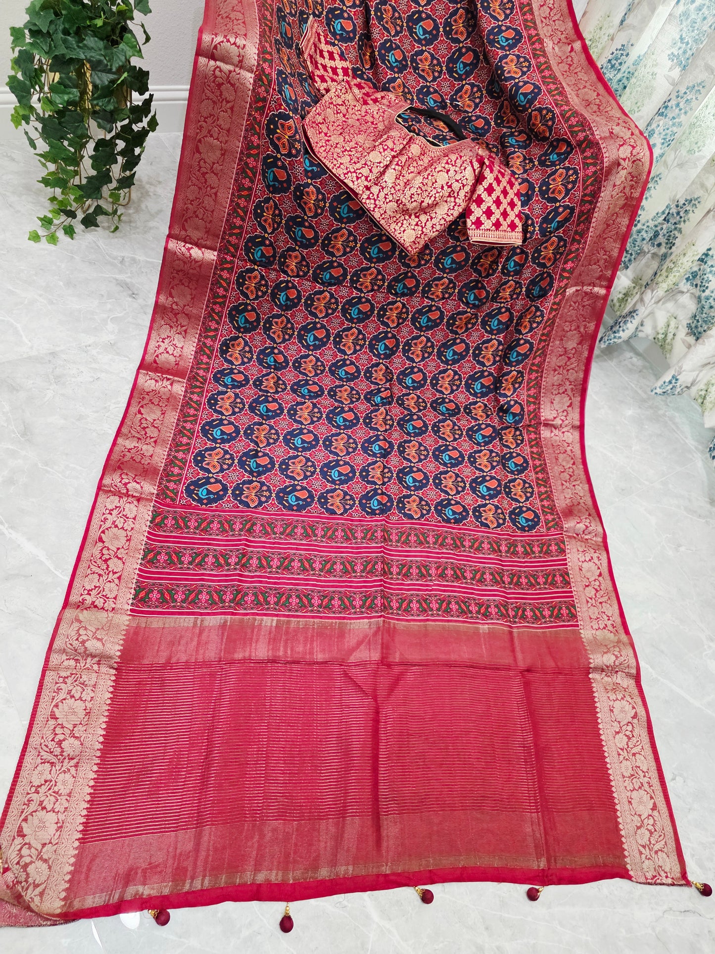 Midnight Navy & Rich Maroon Red Soft Dola Crepe Silk Patola Print Saree with Stitched Blouse