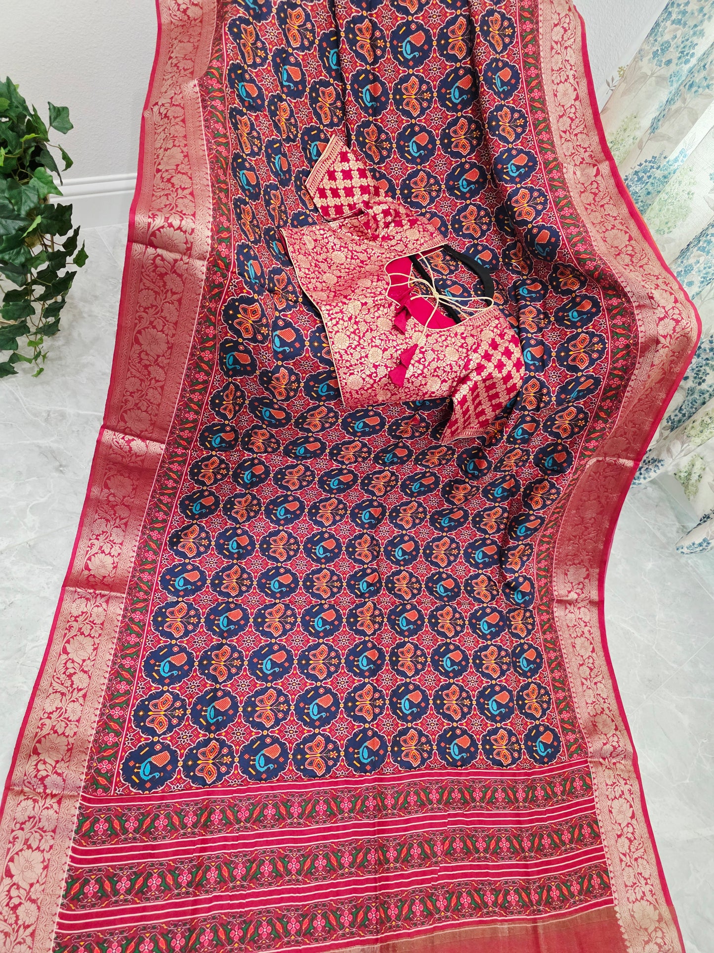 Midnight Navy & Rich Maroon Red Soft Dola Crepe Silk Patola Print Saree with Stitched Blouse