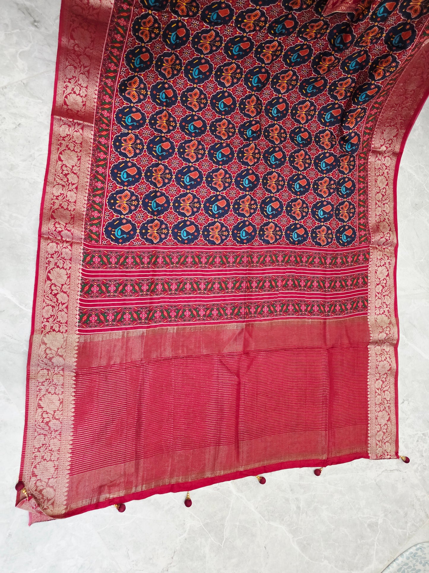 Midnight Navy & Rich Maroon Red Soft Dola Crepe Silk Patola Print Saree with Stitched Blouse