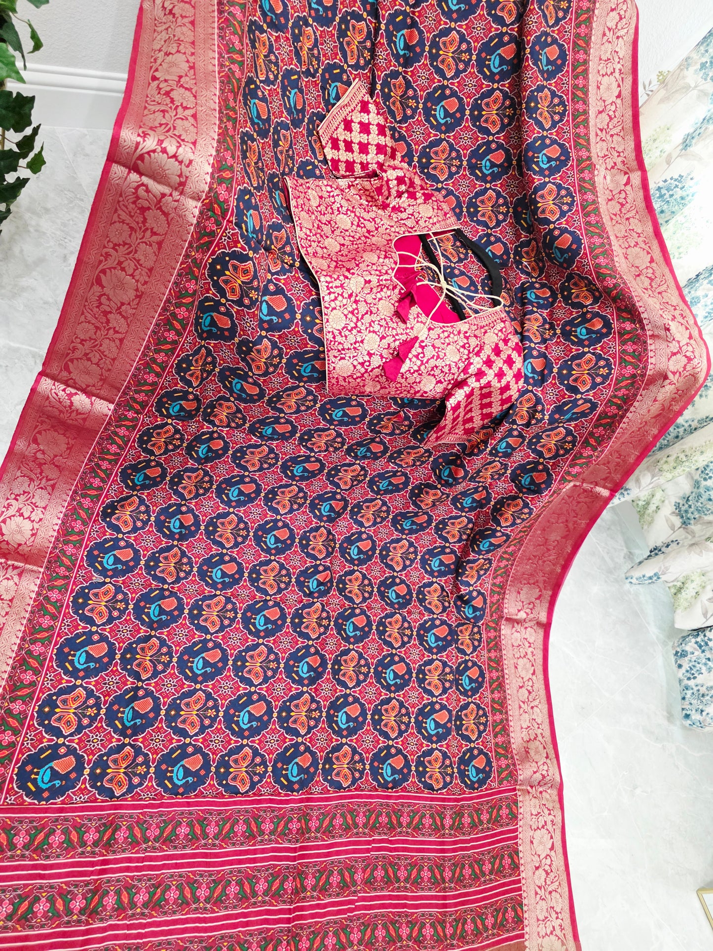 Midnight Navy & Rich Maroon Red Soft Dola Crepe Silk Patola Print Saree with Stitched Blouse