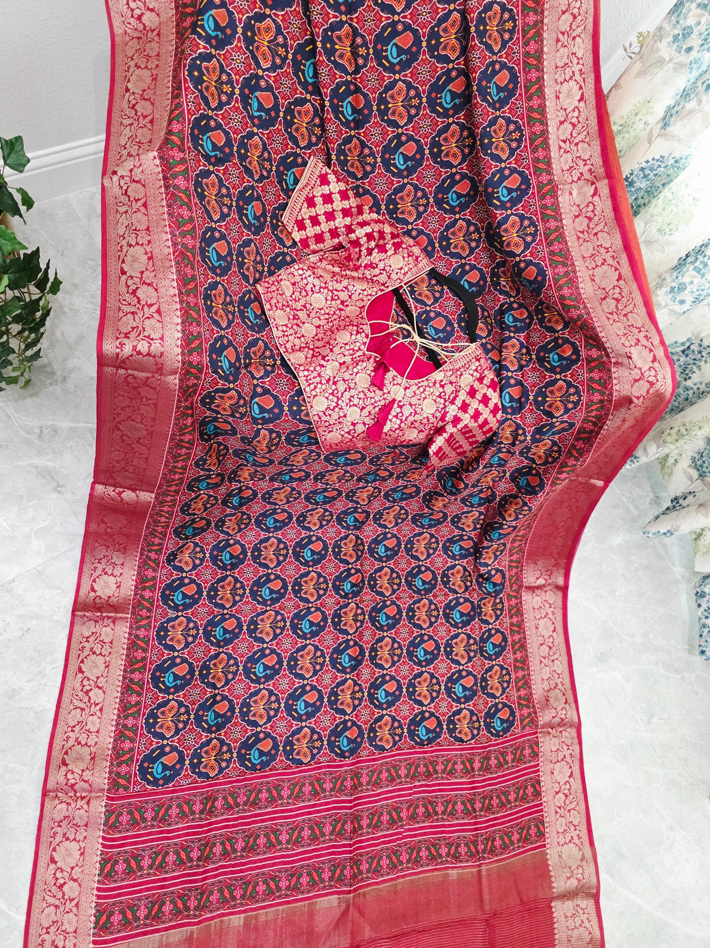 Midnight Navy & Rich Maroon Red Soft Dola Crepe Silk Patola Print Saree with Stitched Blouse