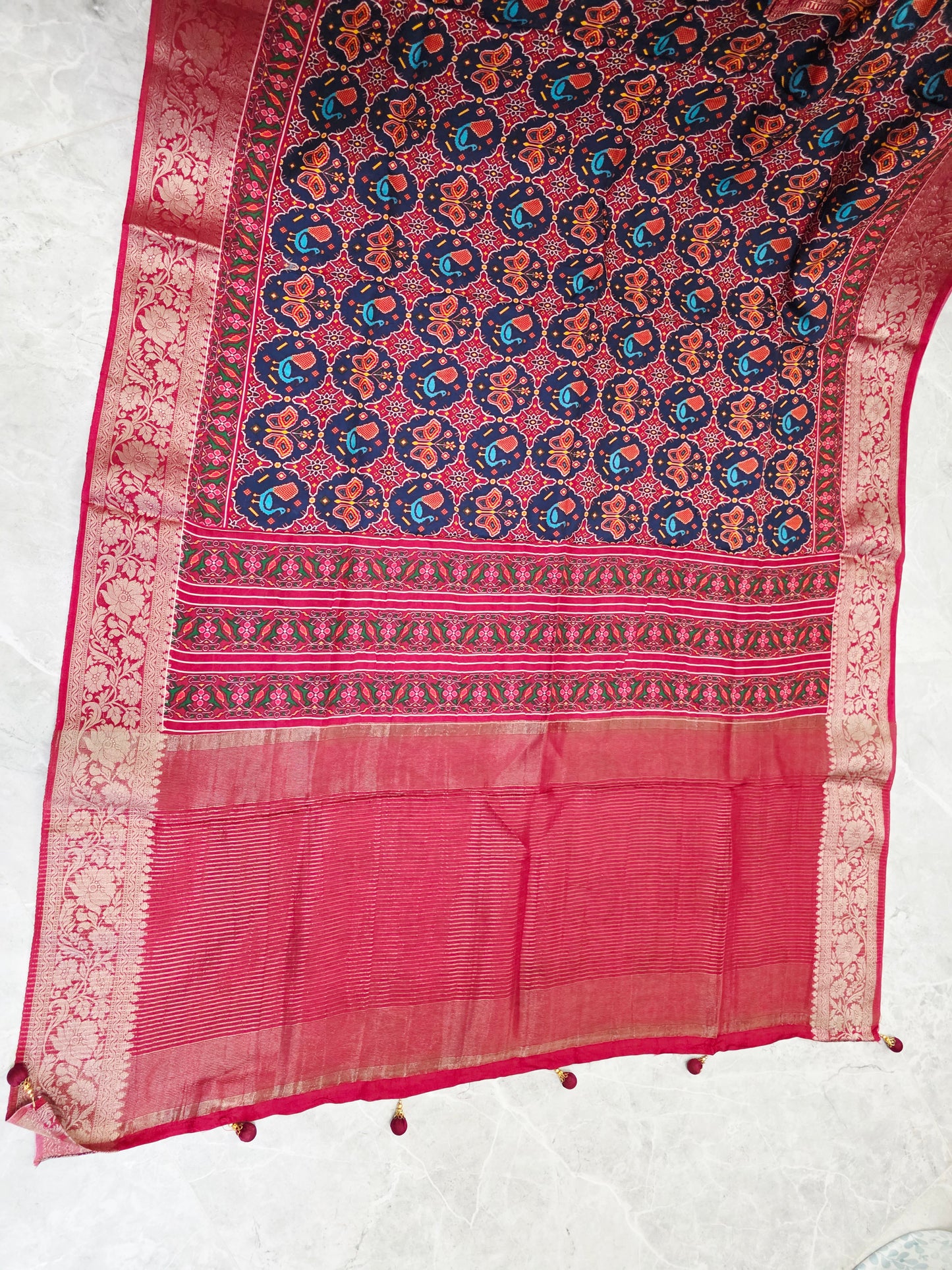 Midnight Navy & Rich Maroon Red Soft Dola Crepe Silk Patola Print Saree with Stitched Blouse