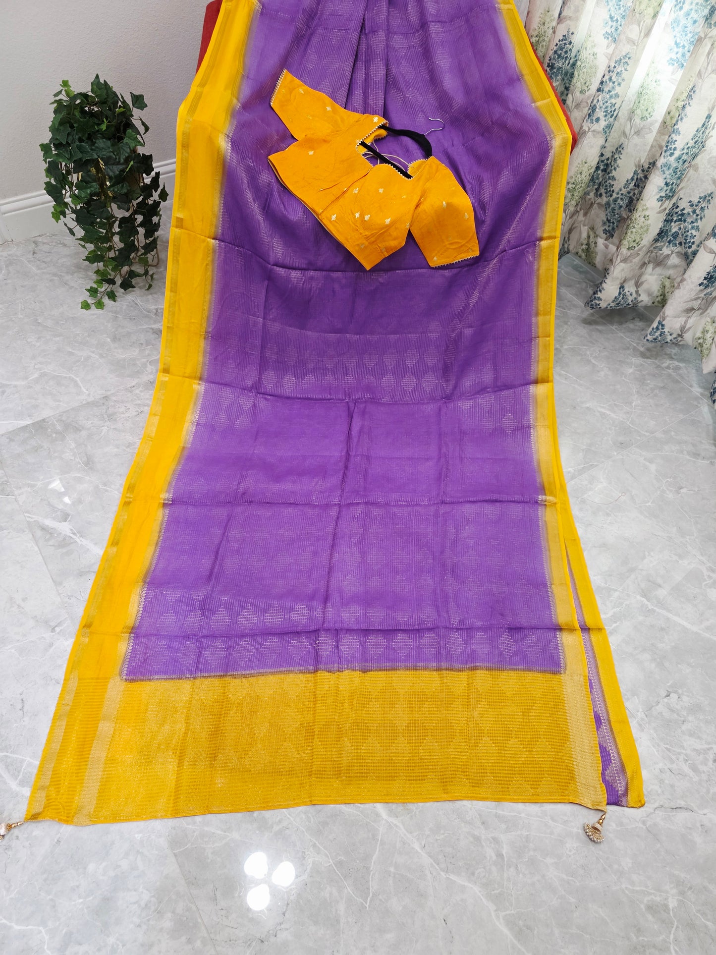 Royal Lavender Purple & Mustard Yellow Dola Viscose Crepe Silk Saree with Stitched Blouse