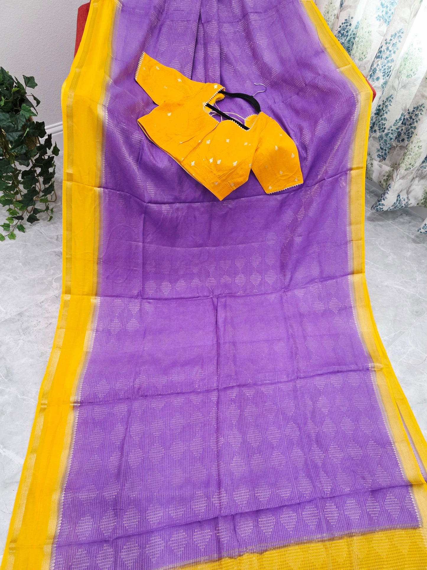 Royal Lavender Purple & Mustard Yellow Dola Viscose Crepe Silk Saree with Stitched Blouse