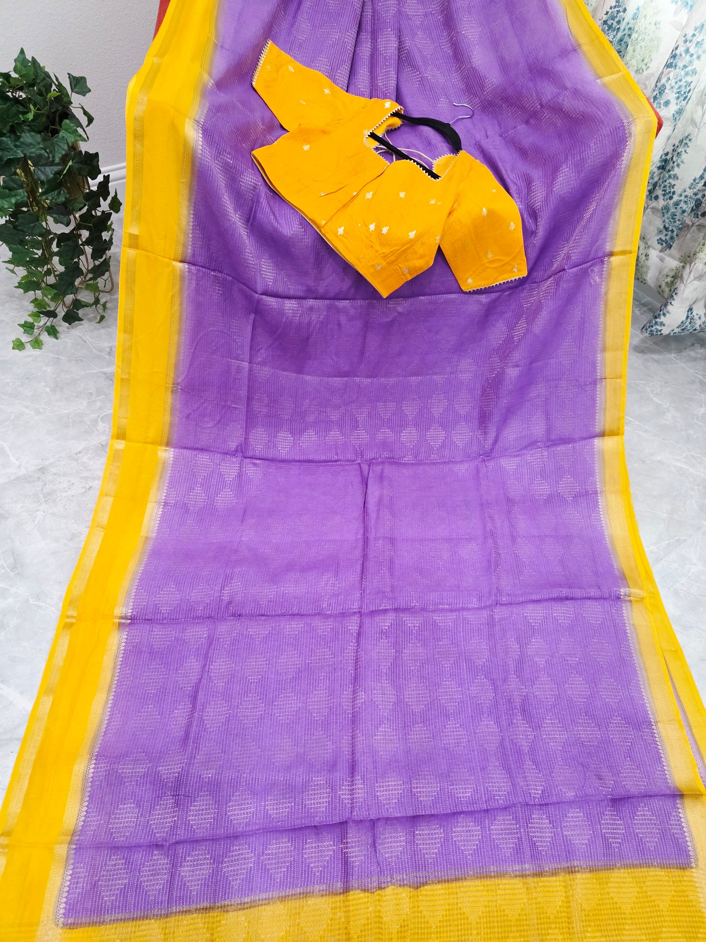 Royal Lavender Purple & Mustard Yellow Dola Viscose Crepe Silk Saree with Stitched Blouse