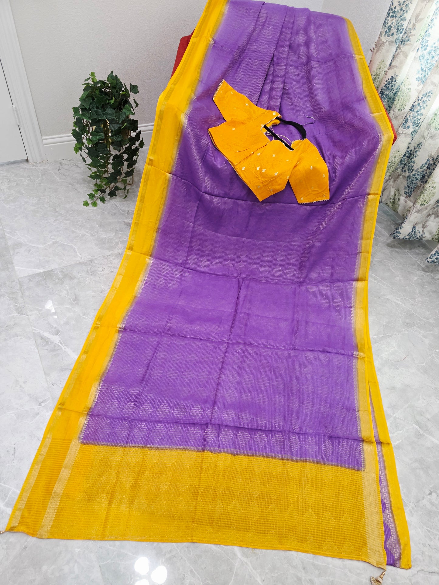 Royal Lavender Purple & Mustard Yellow Dola Viscose Crepe Silk Saree with Stitched Blouse